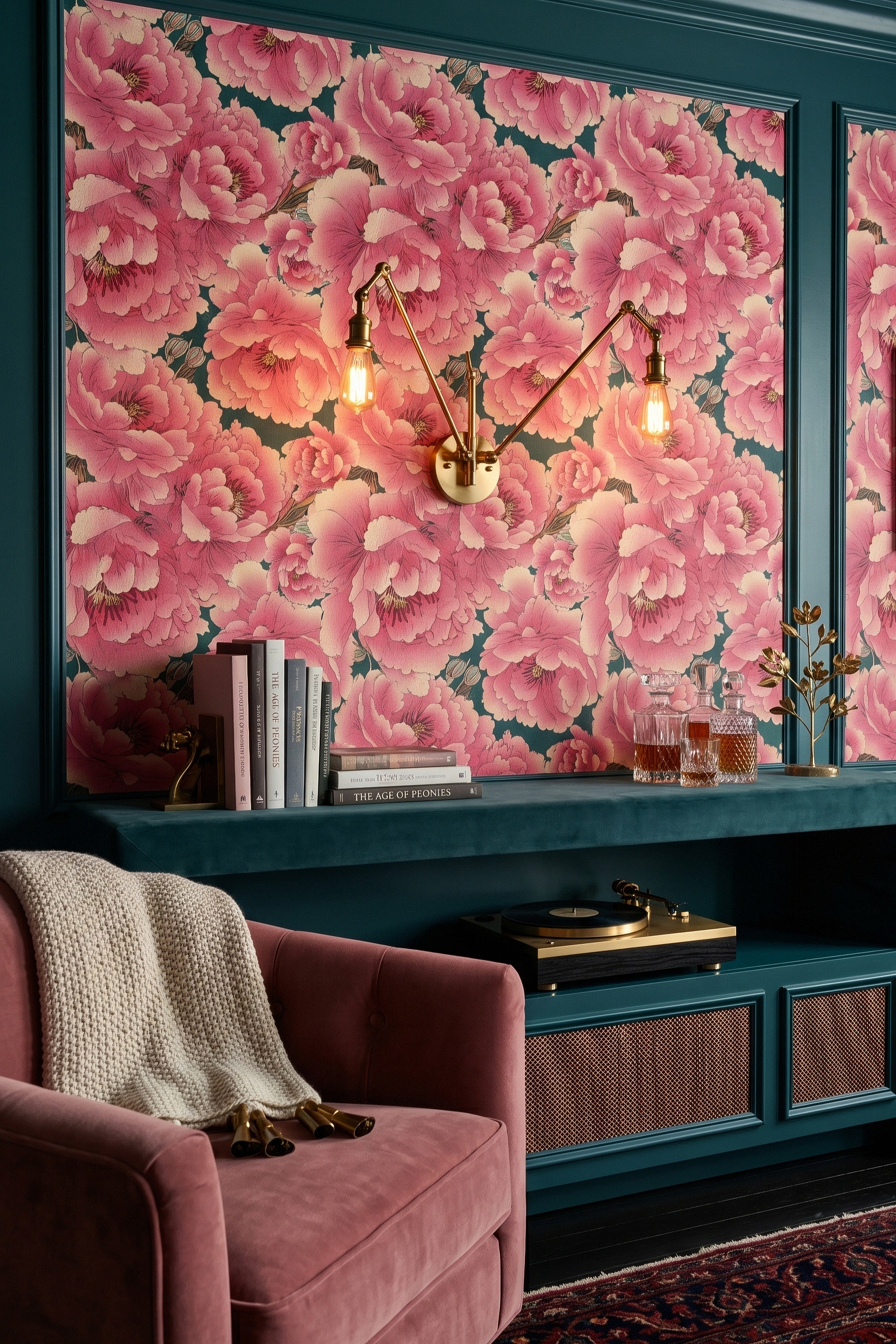 Peony Pavilion wallpaper shown in a media room