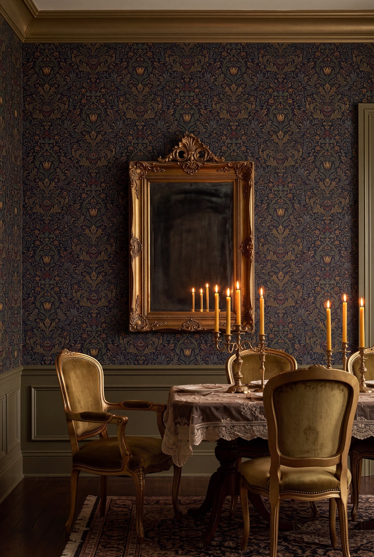 Gilded Tulip wallpaper shown in a dining room