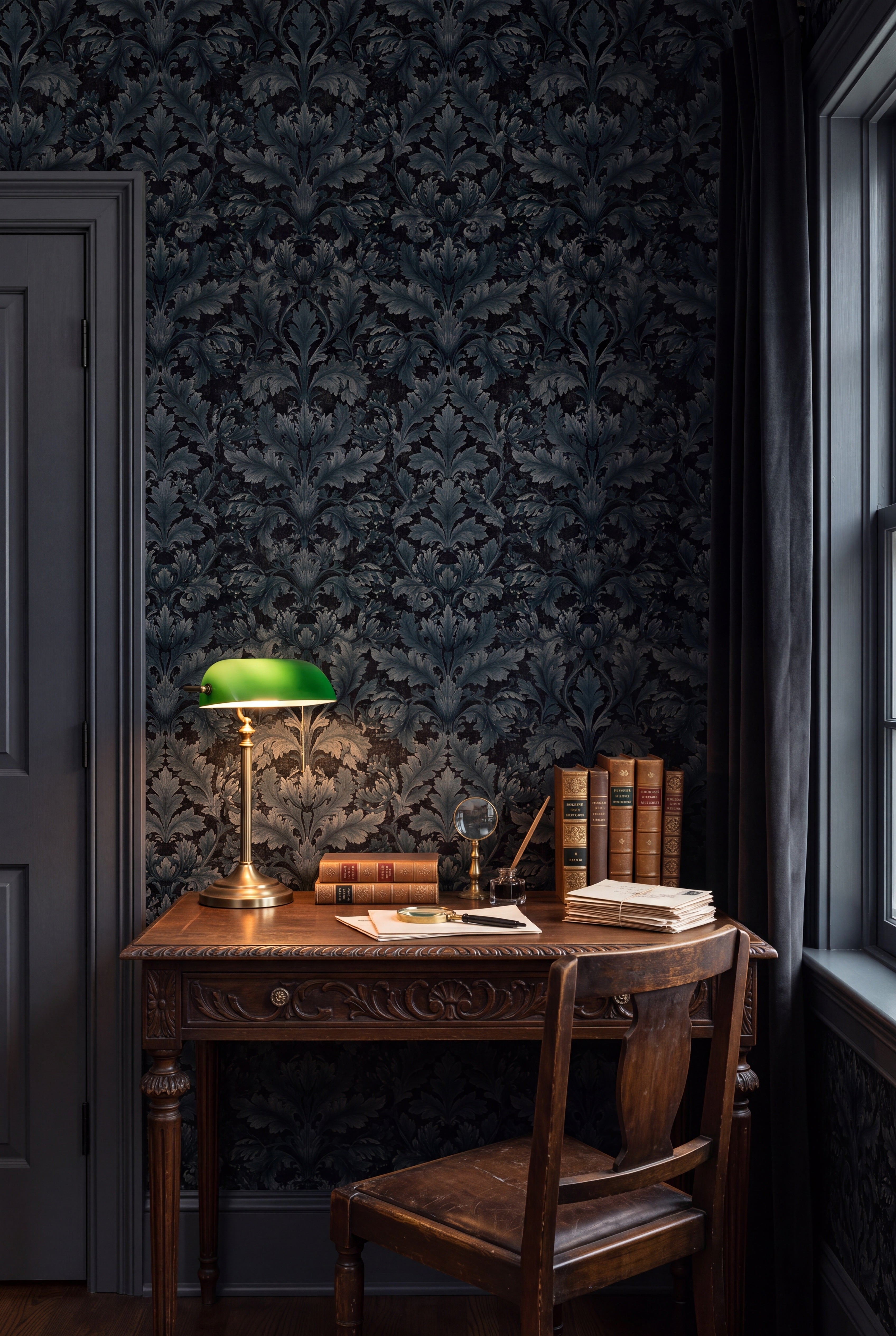 Slate Acanthus wallpaper shown in a home office