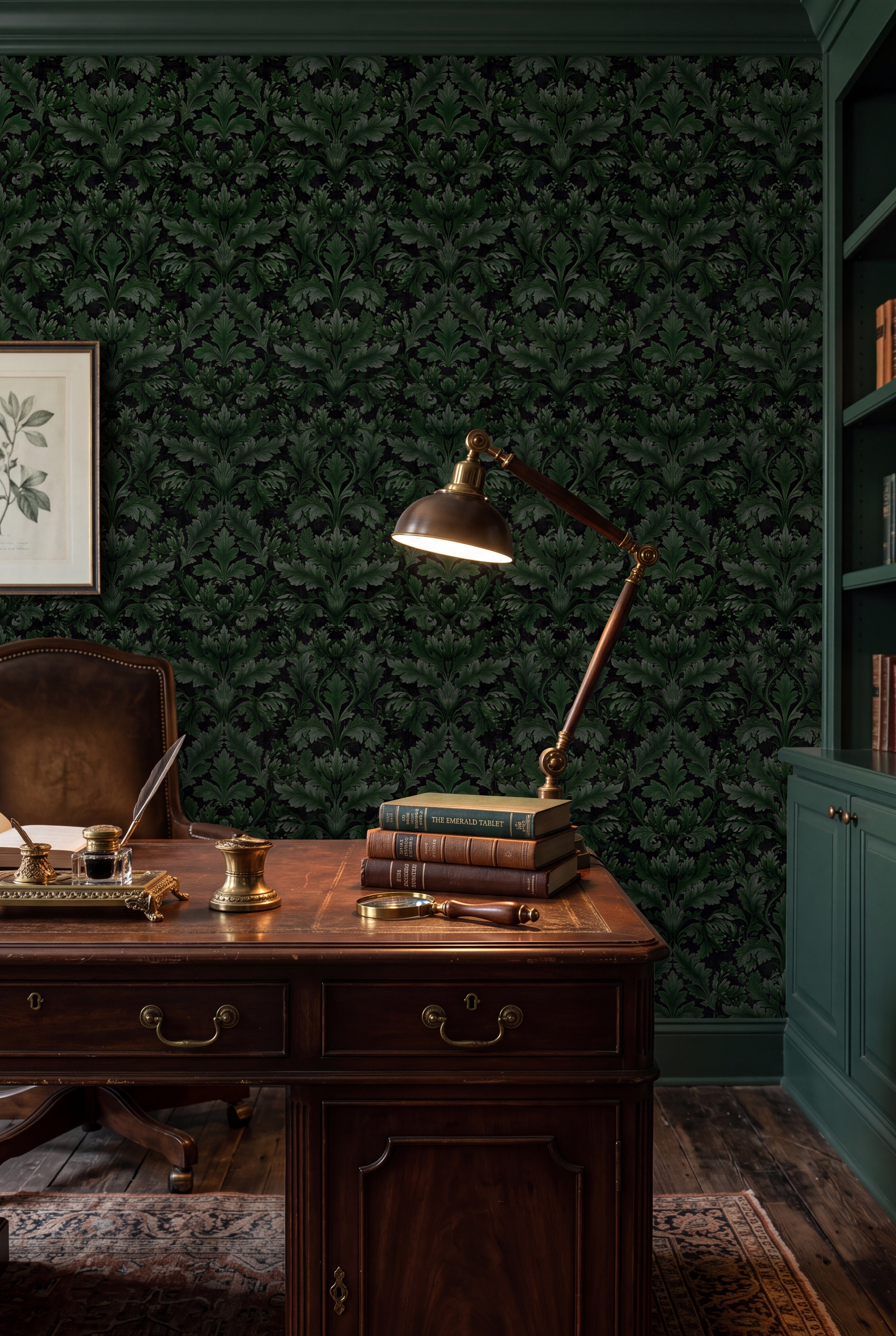 Emerald Acanthus wallpaper shown in a home office
