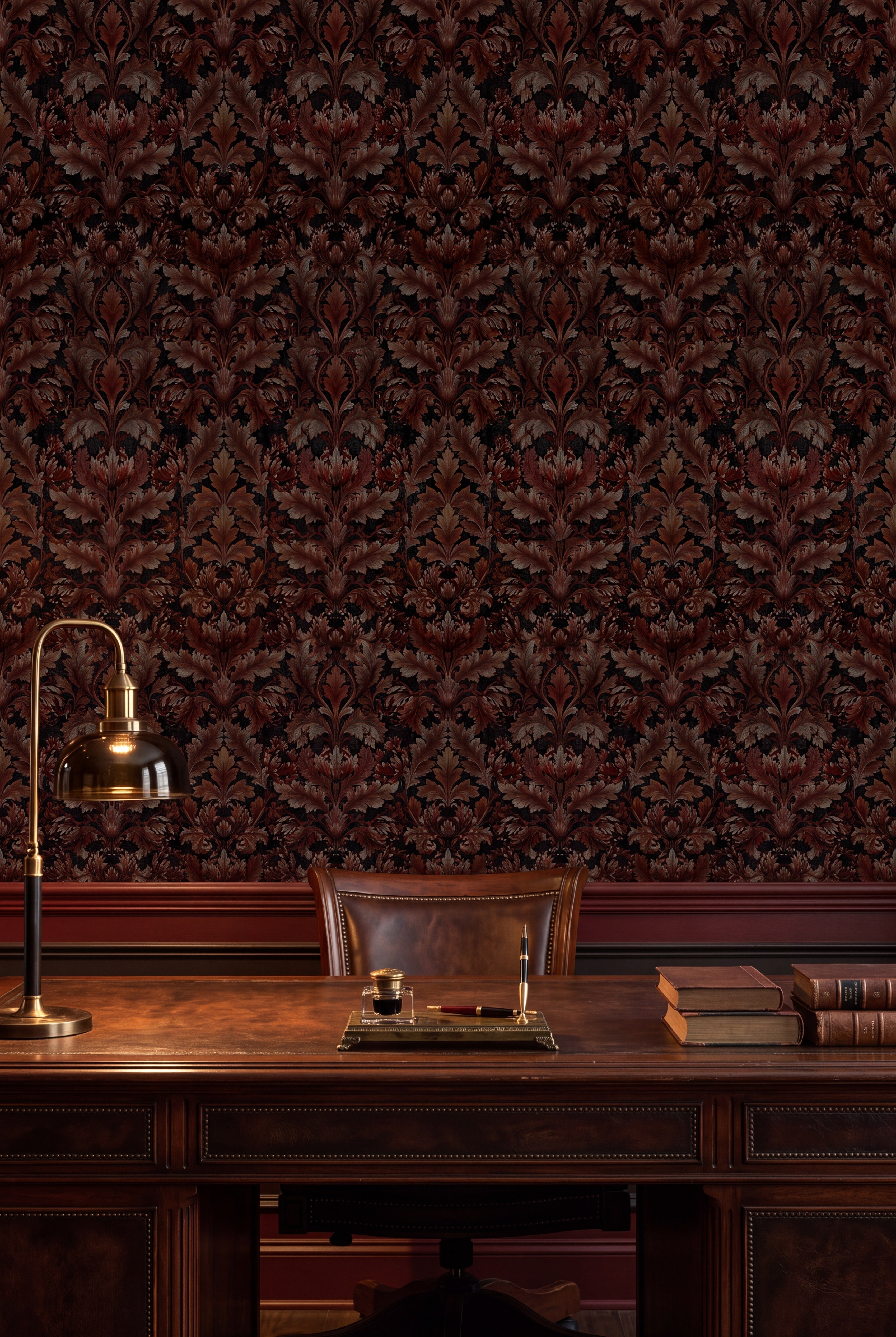 Oxblood Acanthus wallpaper shown in a home office