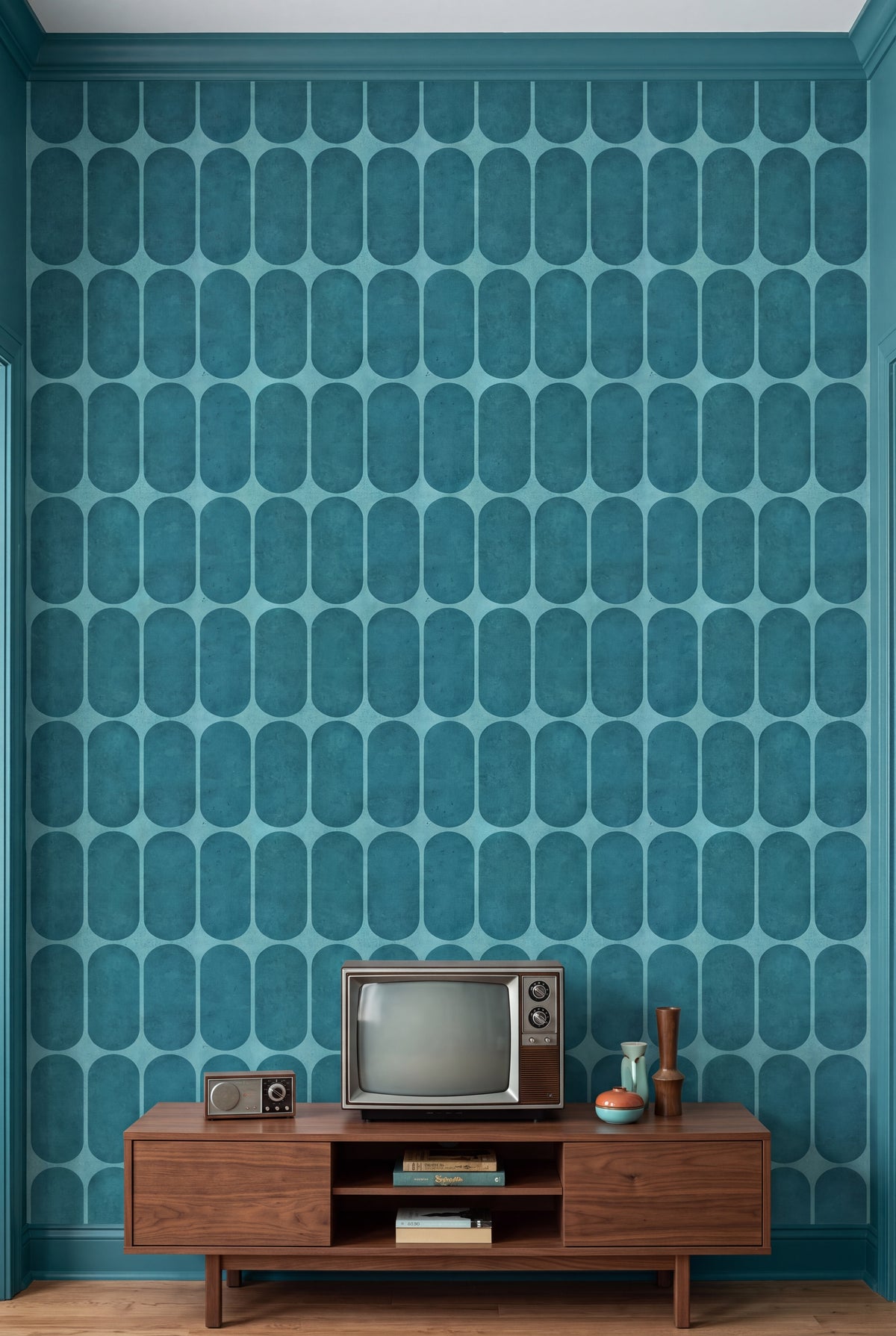 Lagoon Arcade wallpaper shown in a media room