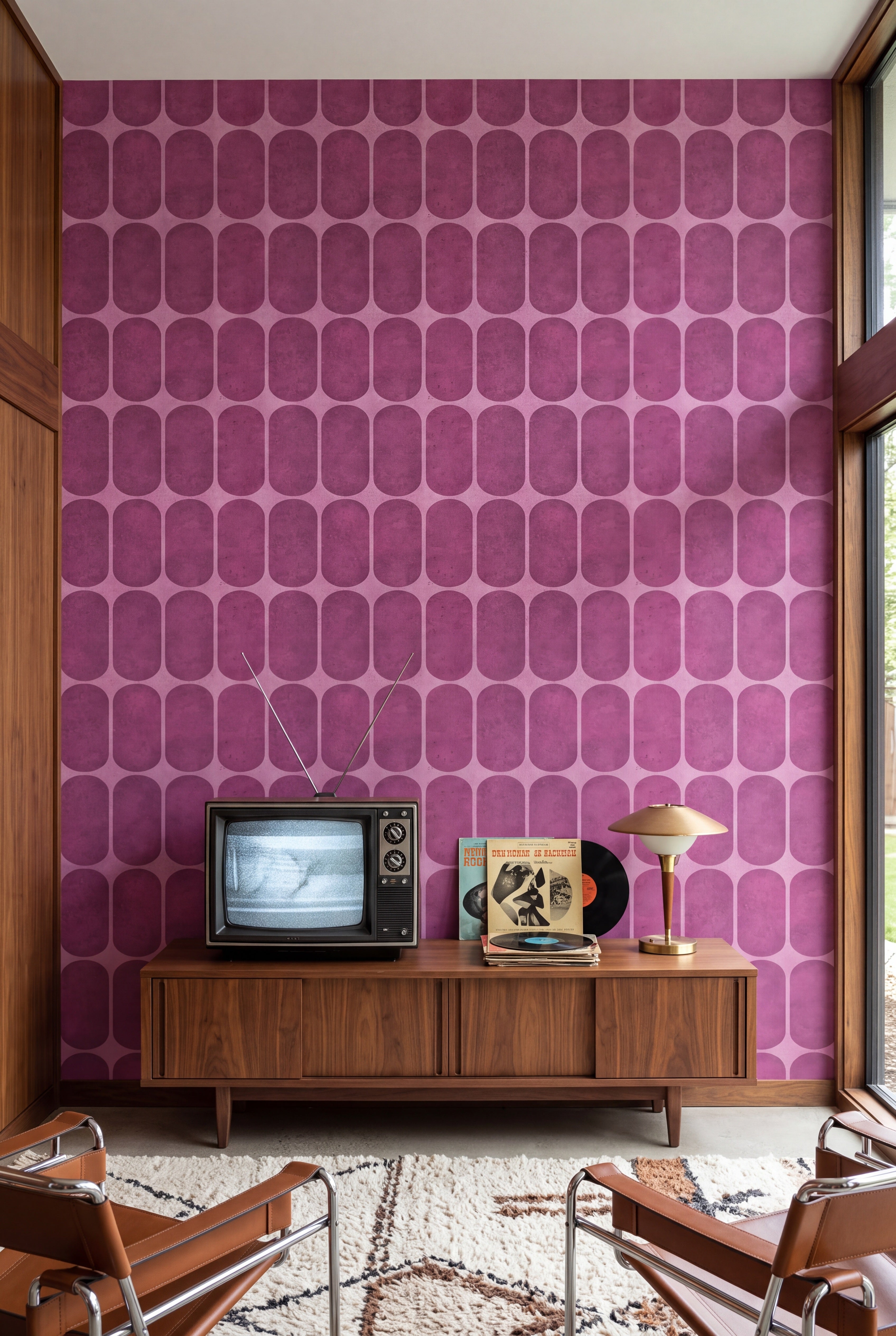 Orchid Arcade wallpaper shown in a media room