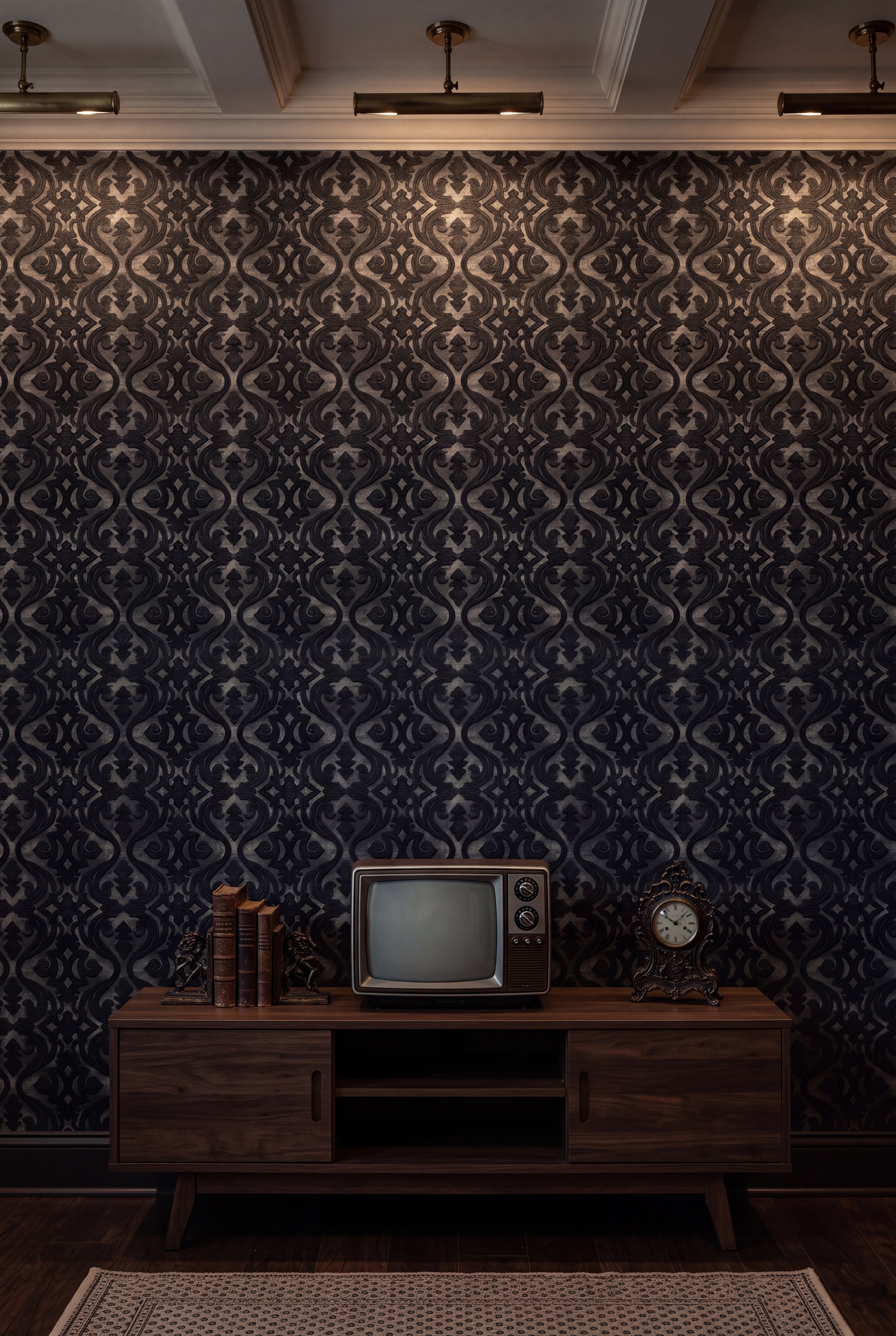 Onyx Scroll wallpaper shown in a media room