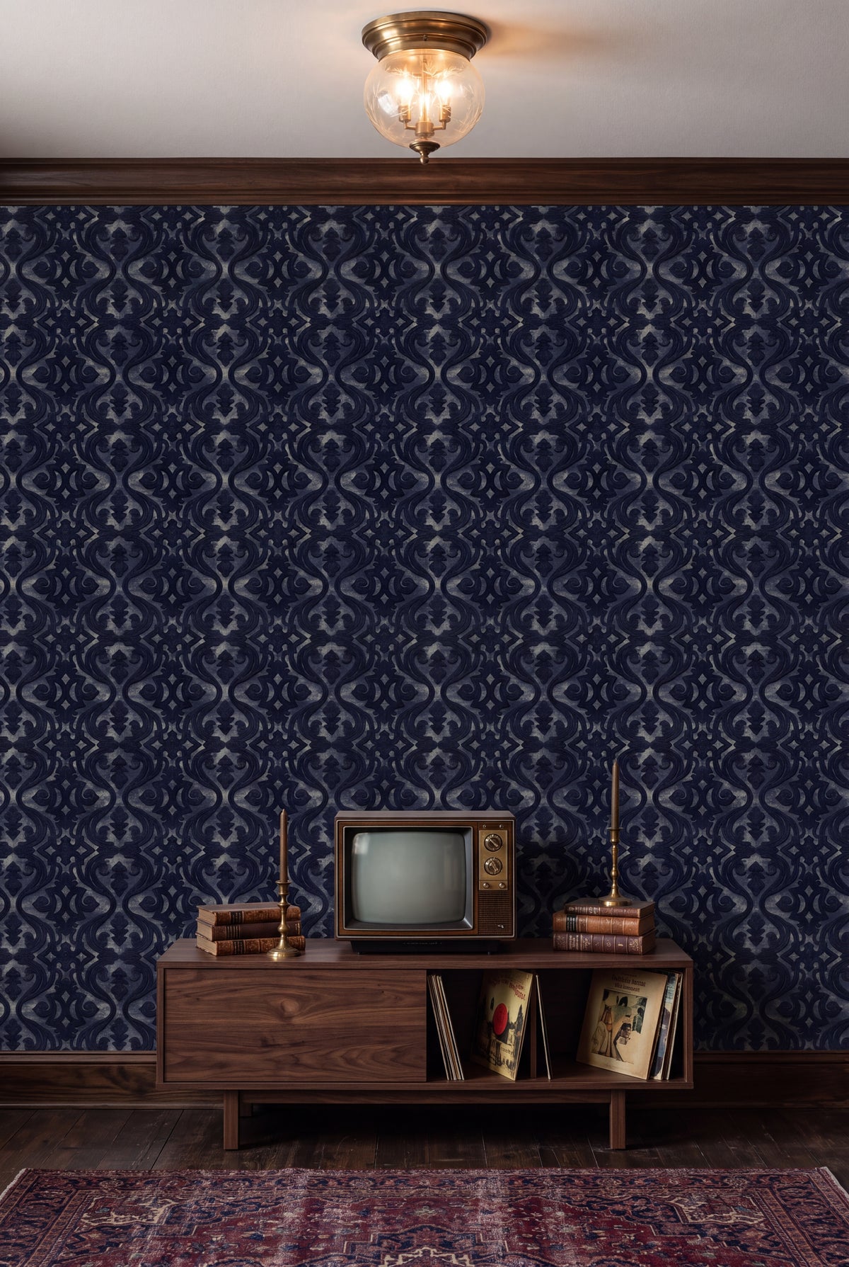 Ink Scroll wallpaper shown in a media room