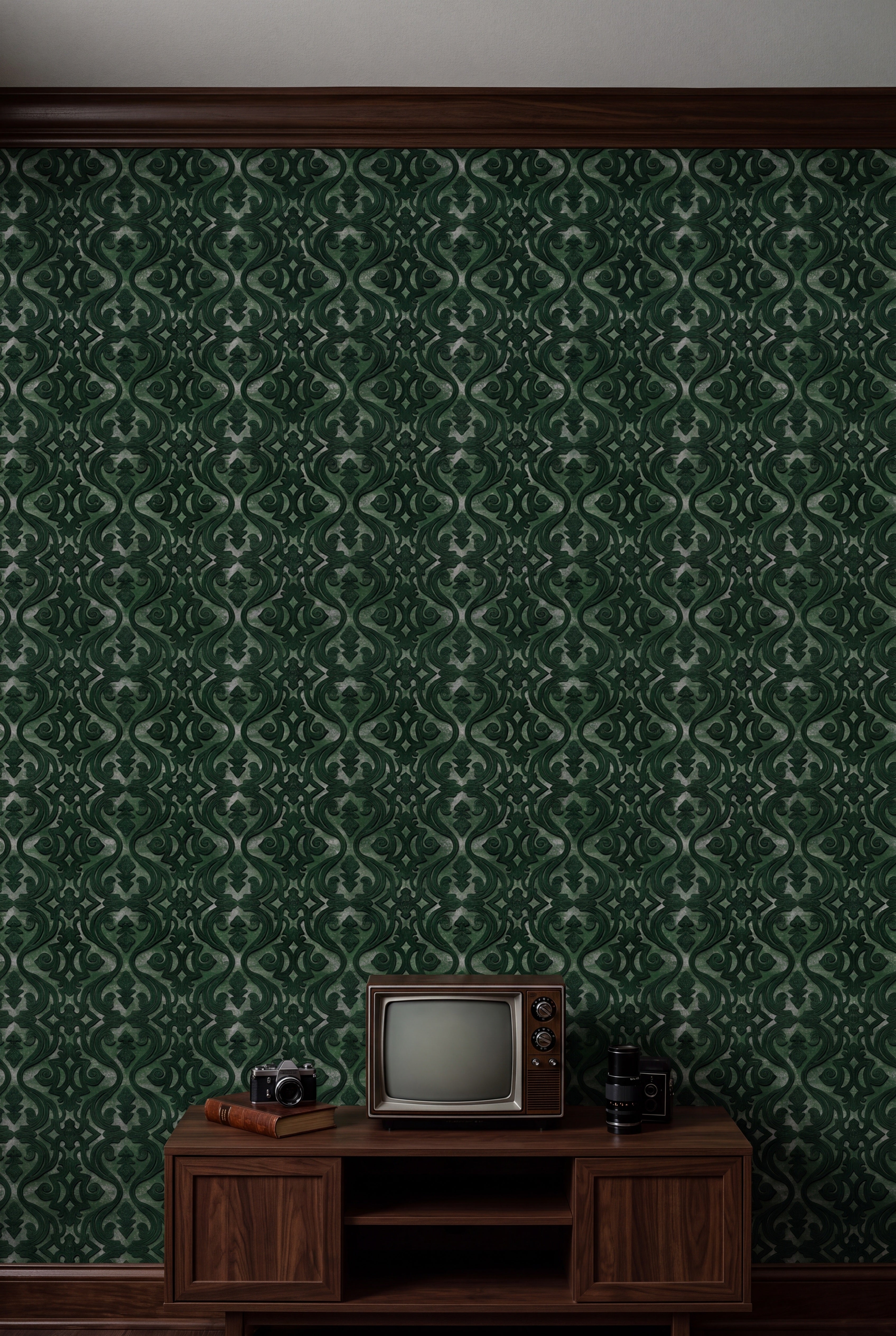 Pine Scroll wallpaper shown in a media room