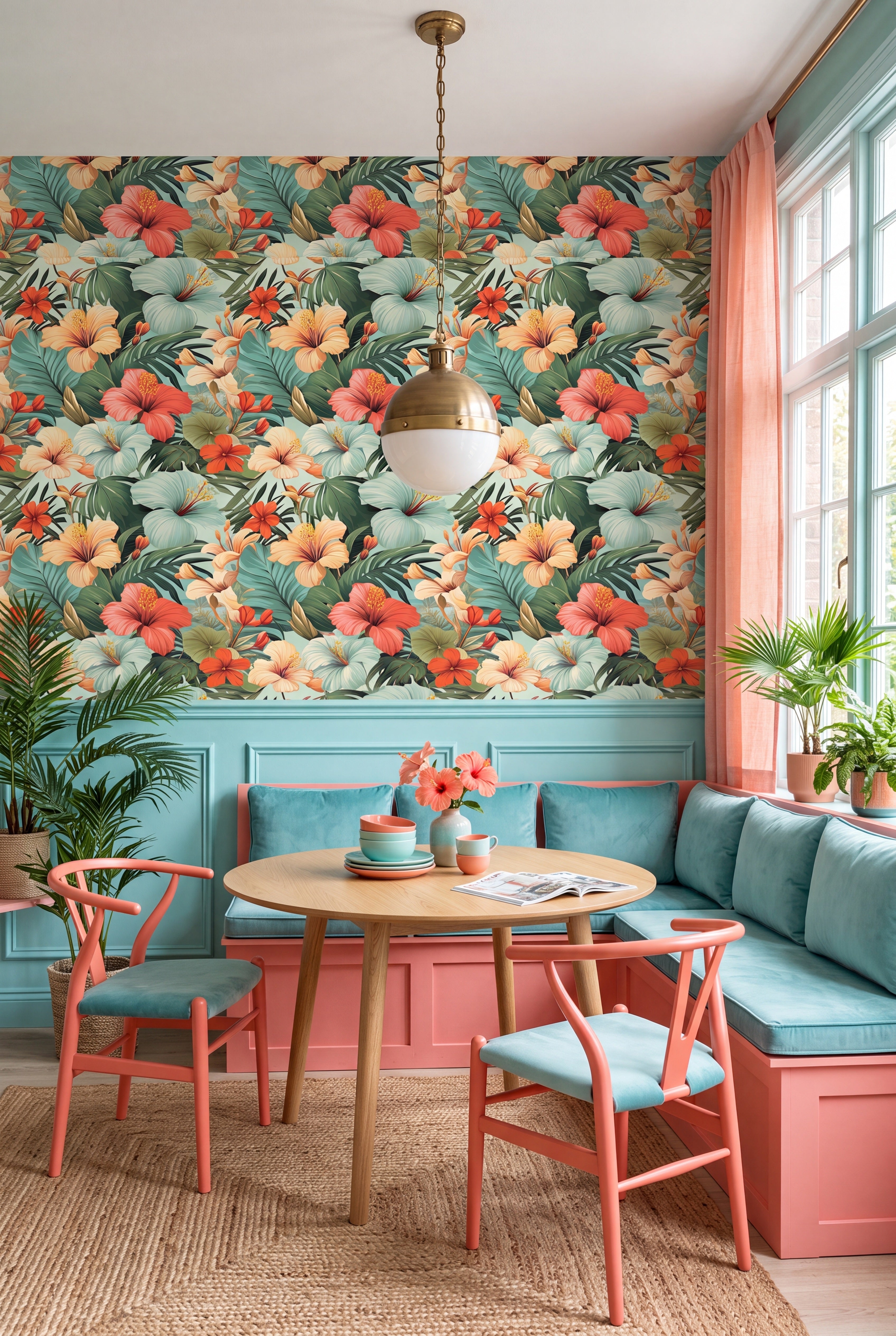 Tiki Teal wallpaper shown in a cozy nook