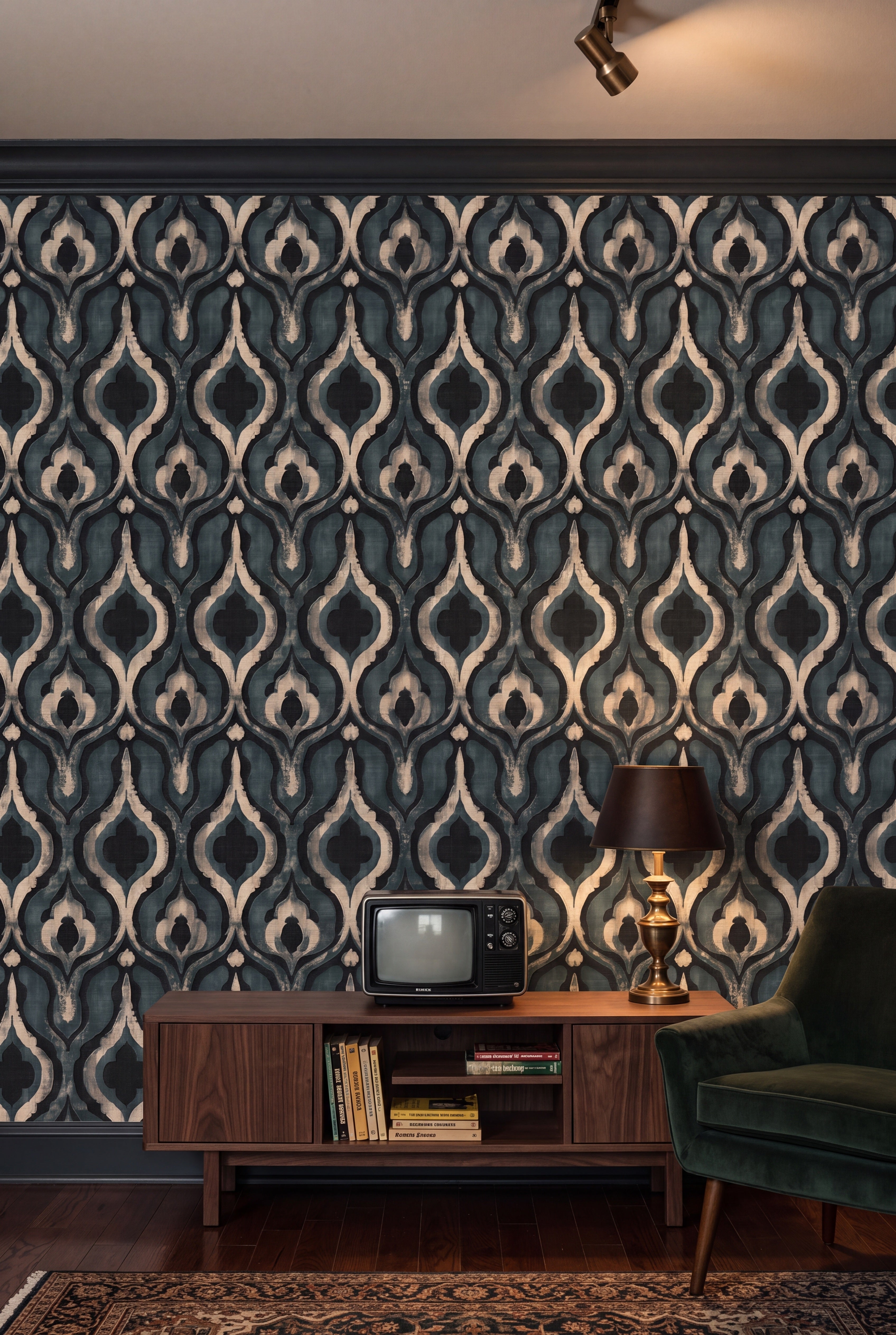 Harbor Lantern wallpaper shown in a media room