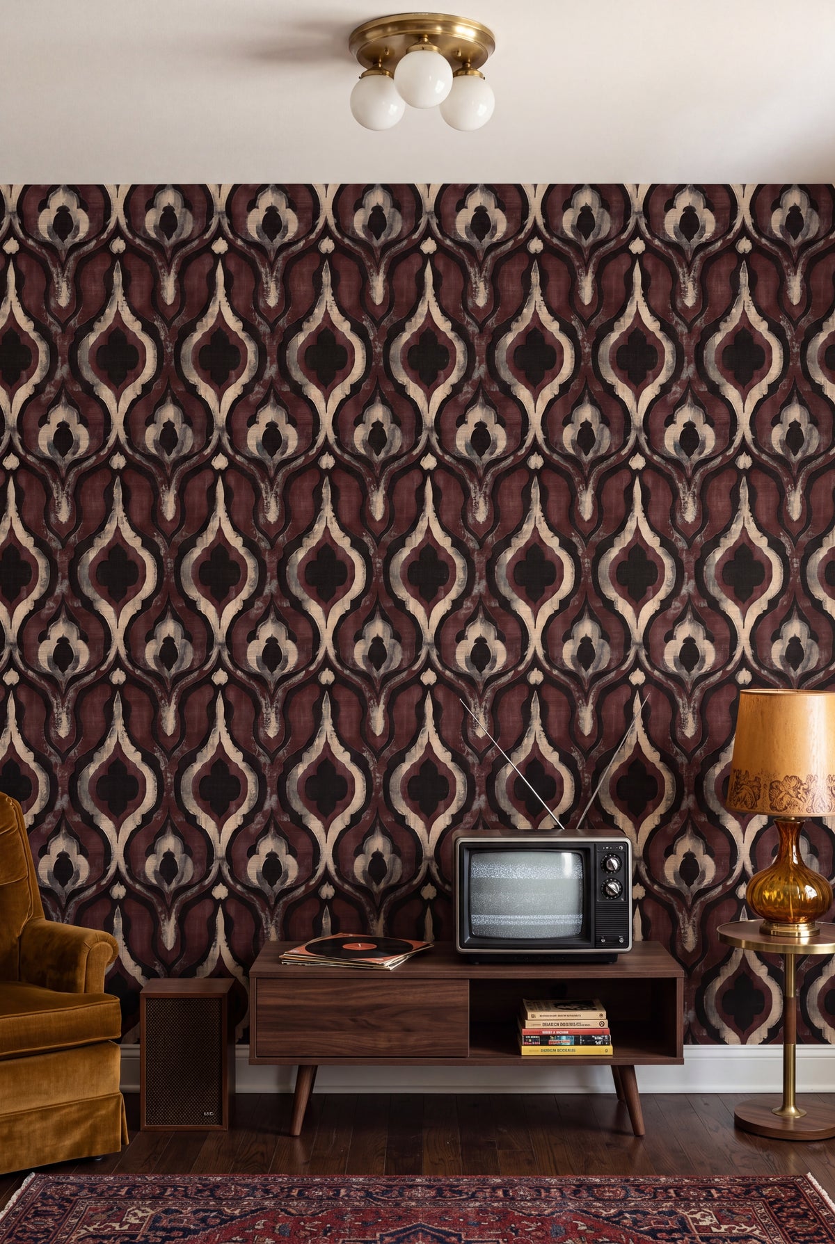 Plum Lantern wallpaper shown in a media room