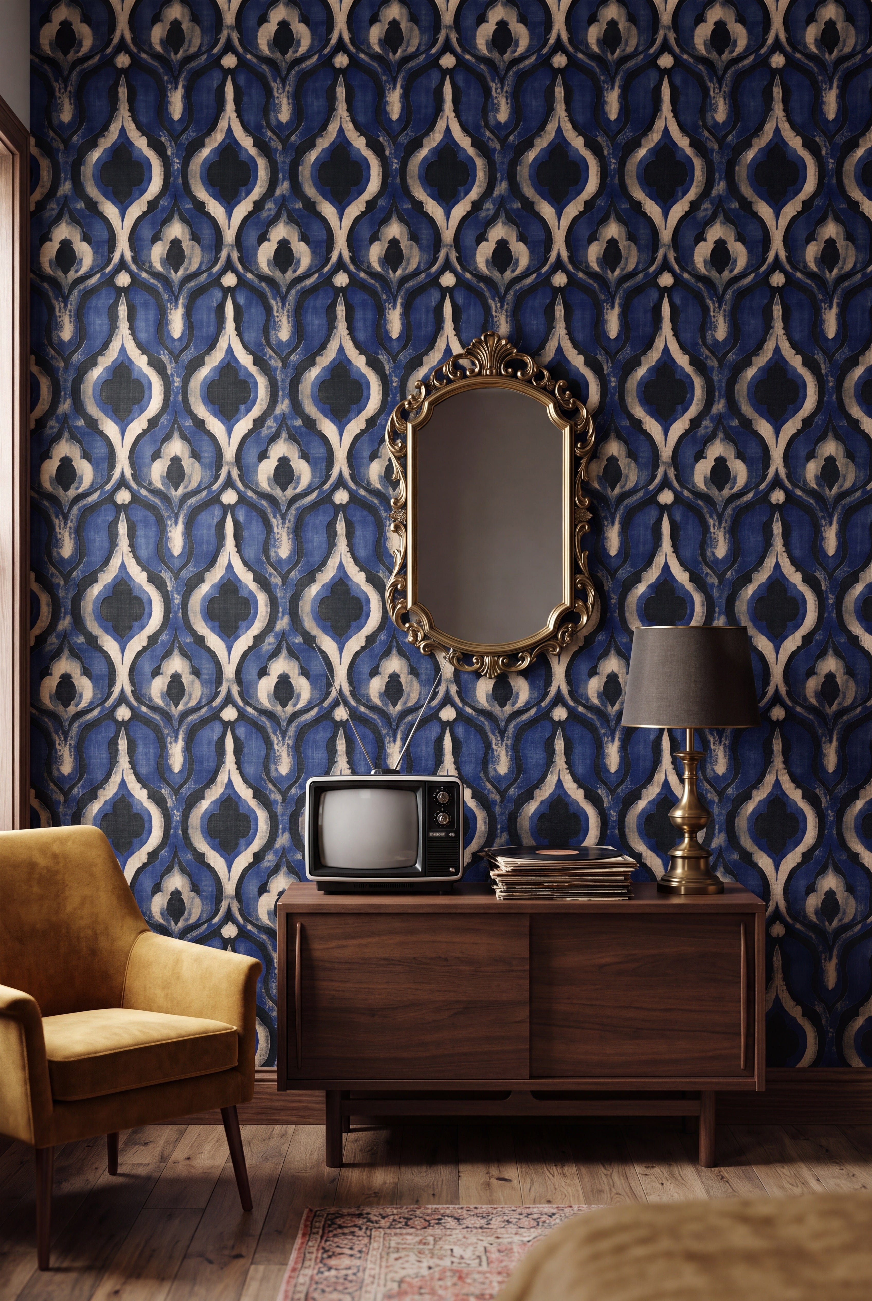 Cobalt Lantern wallpaper shown in a media room