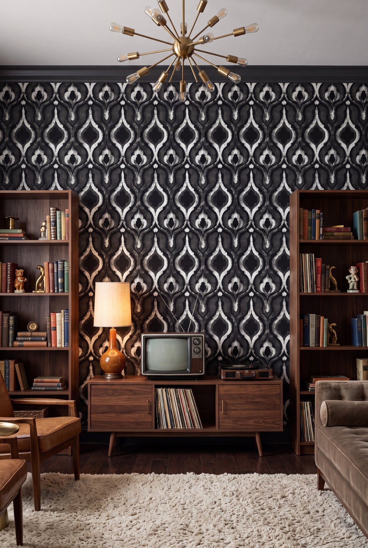 Ash Lantern wallpaper shown in a media room