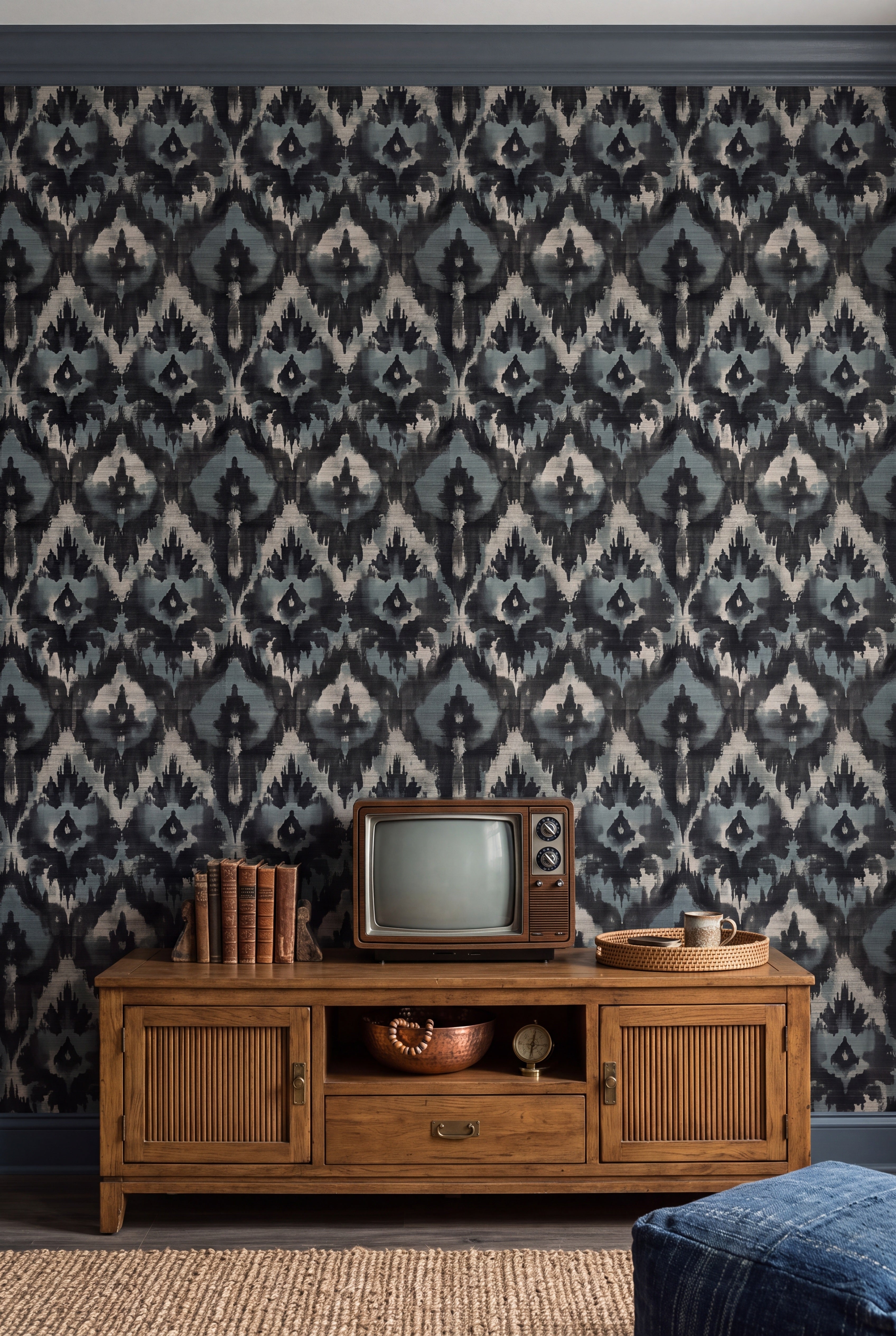 Indigo Ikat wallpaper shown in a media room