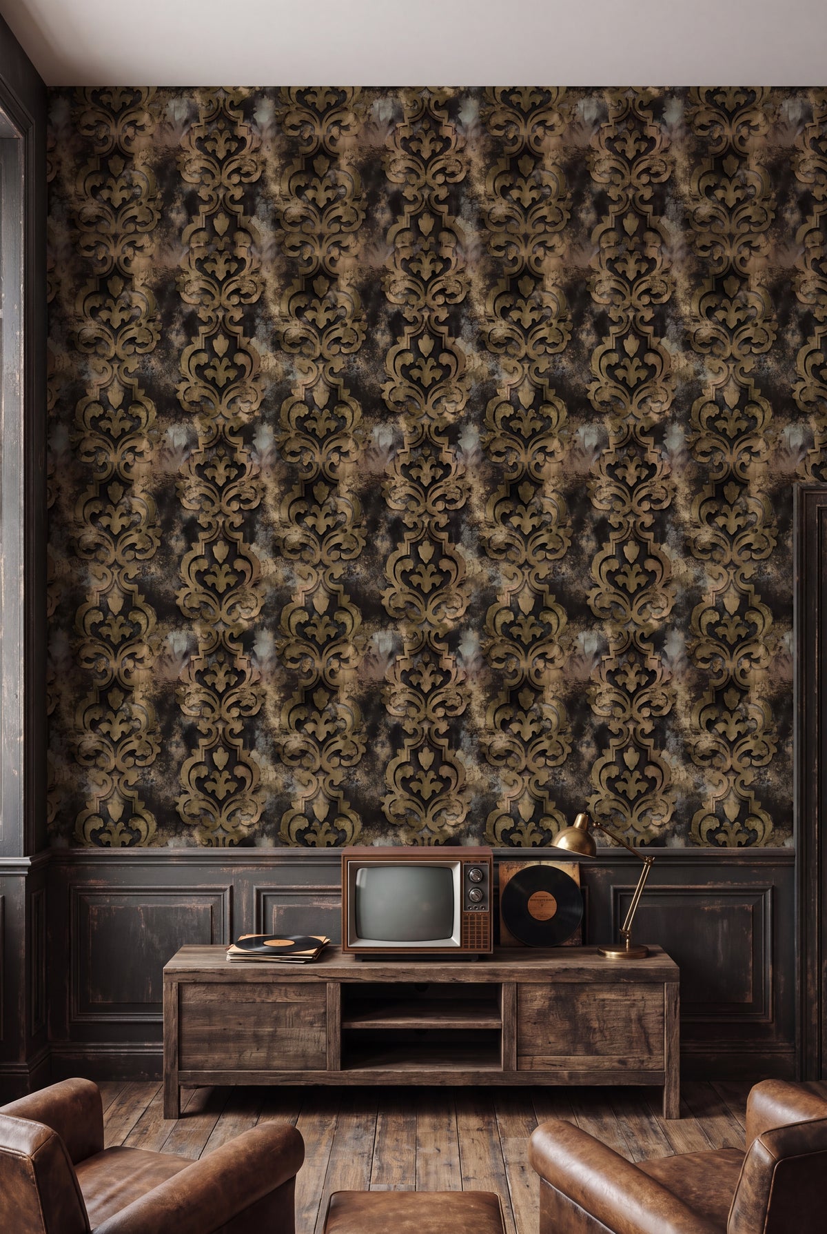 Gilded Relic wallpaper shown in a media room