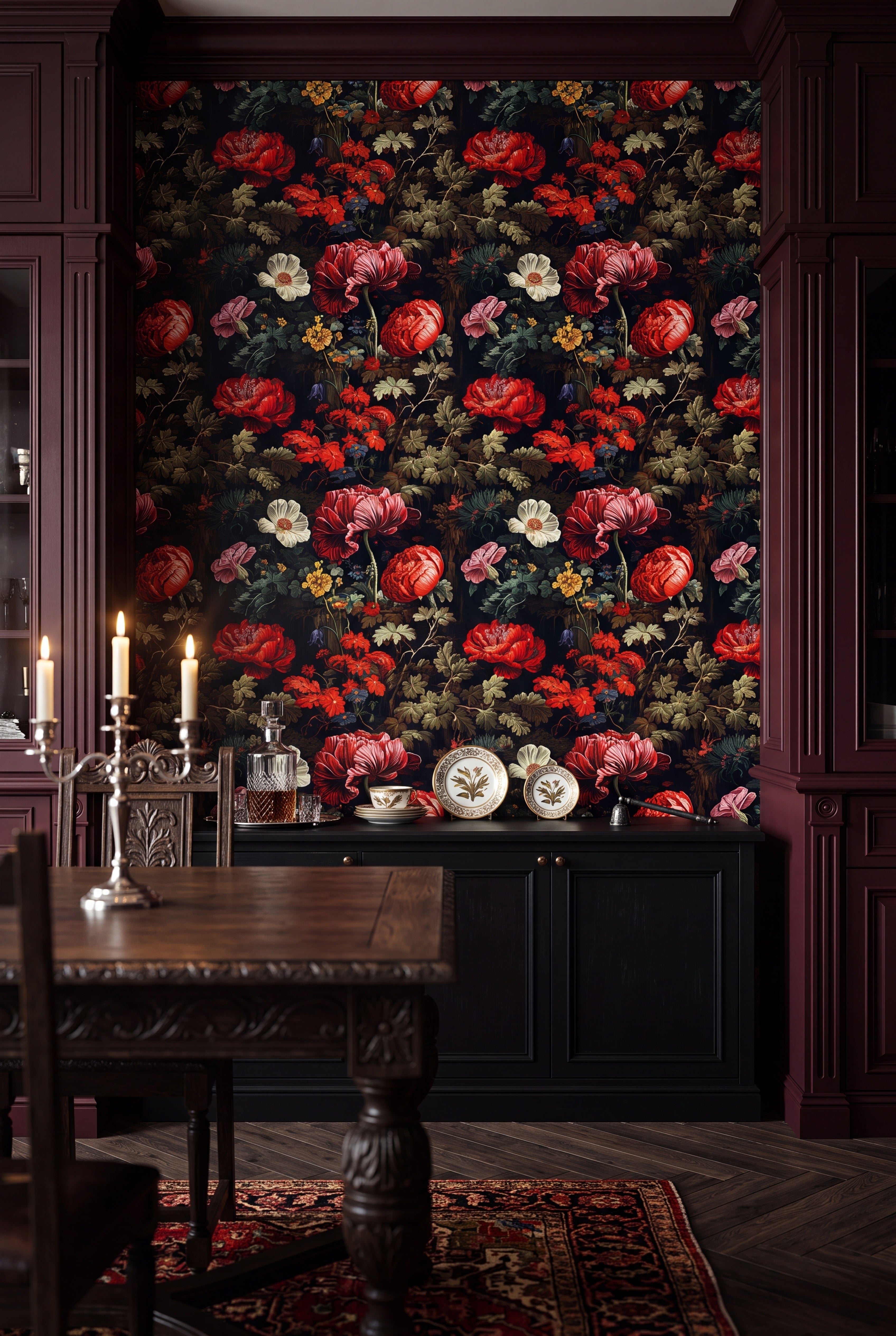 Nightshade wallpaper shown in a dining room