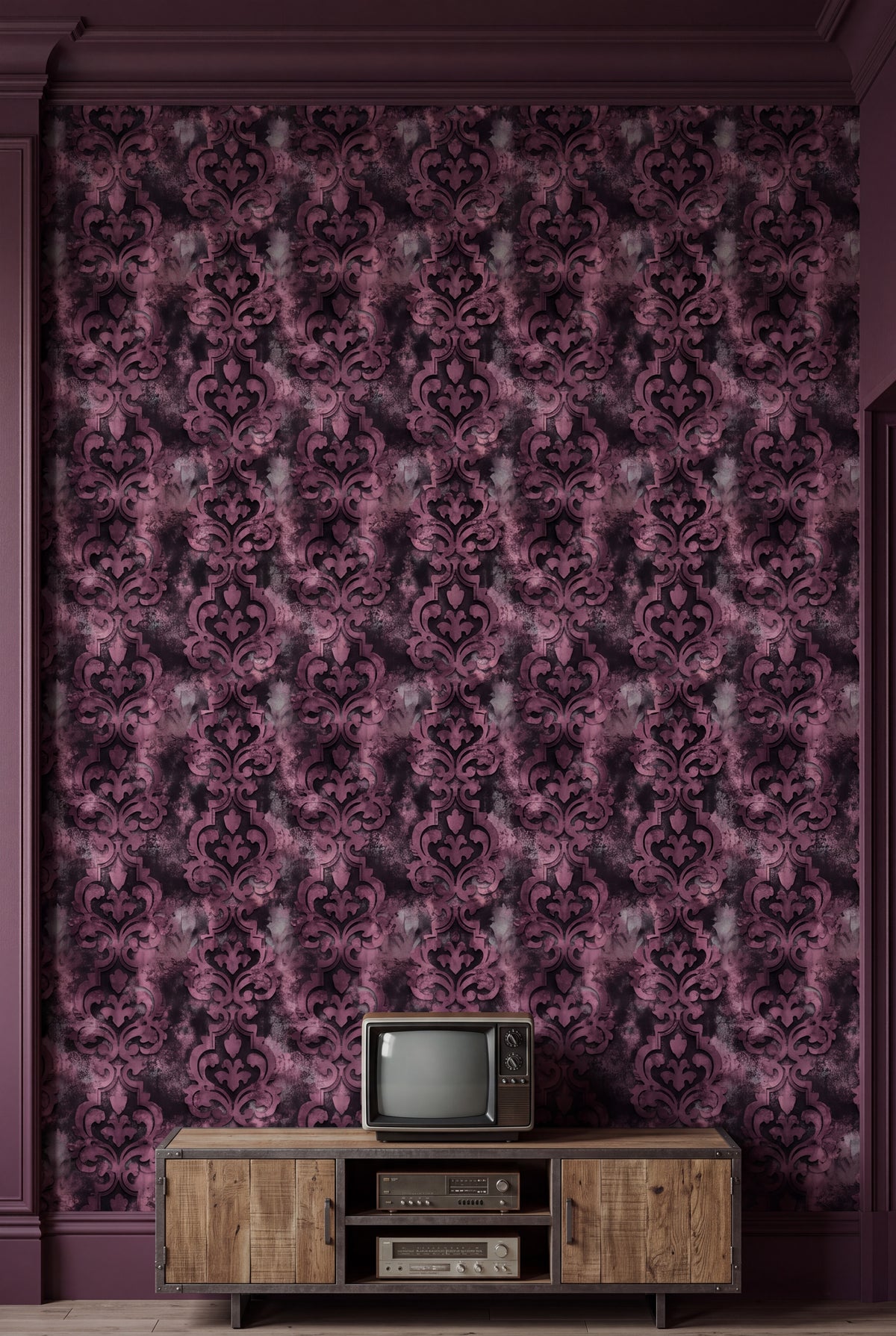Mauve Relic wallpaper shown in a media room