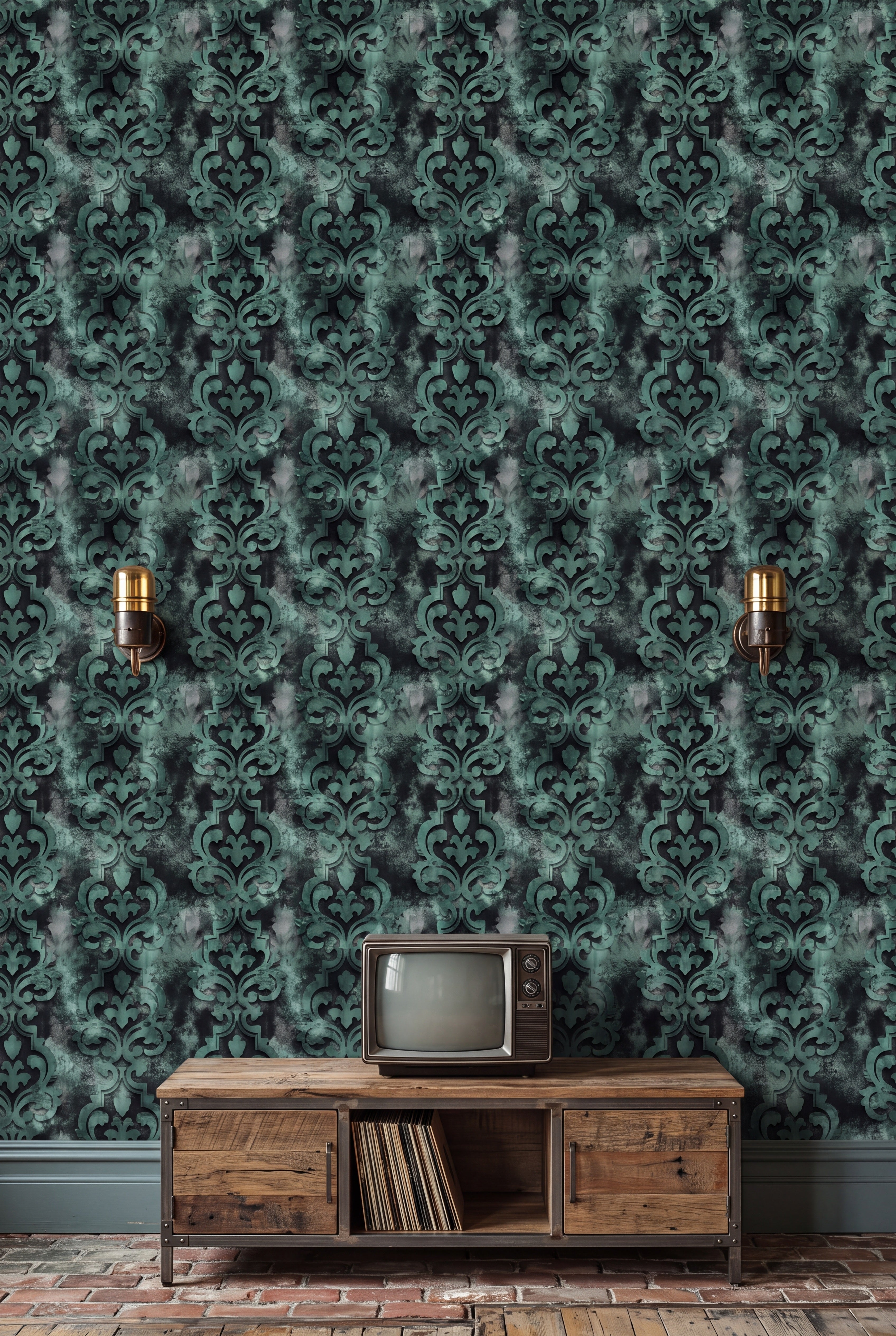 Seafoam Relic wallpaper shown in a media room