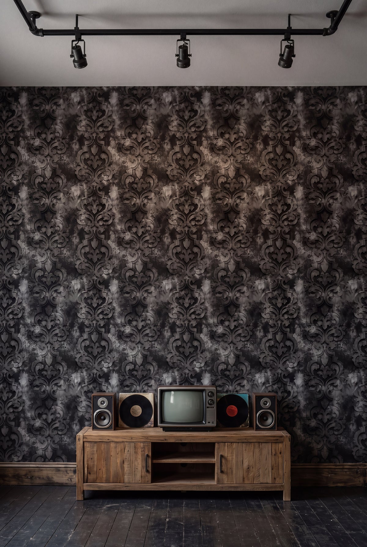 Pewter Relic wallpaper shown in a media room