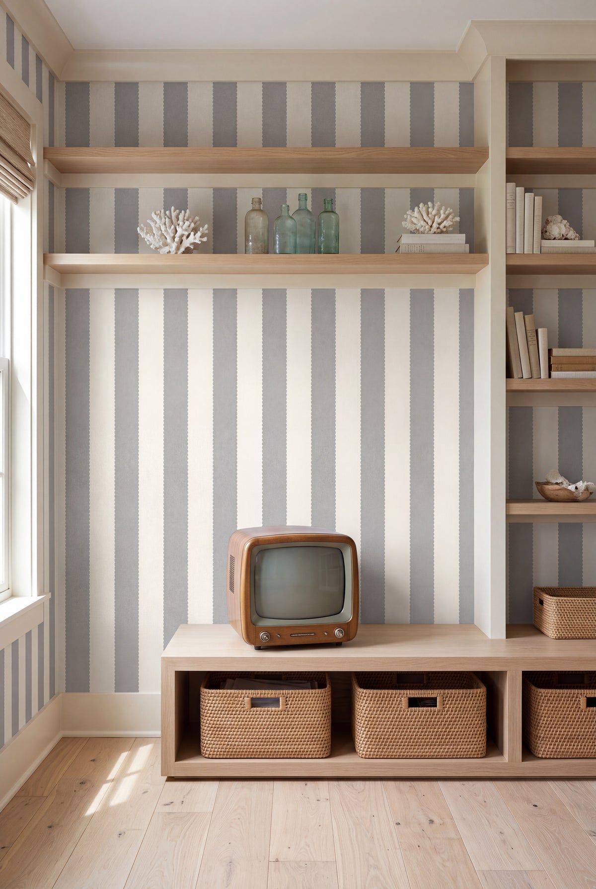 Dove Ribbon wallpaper shown in a media room