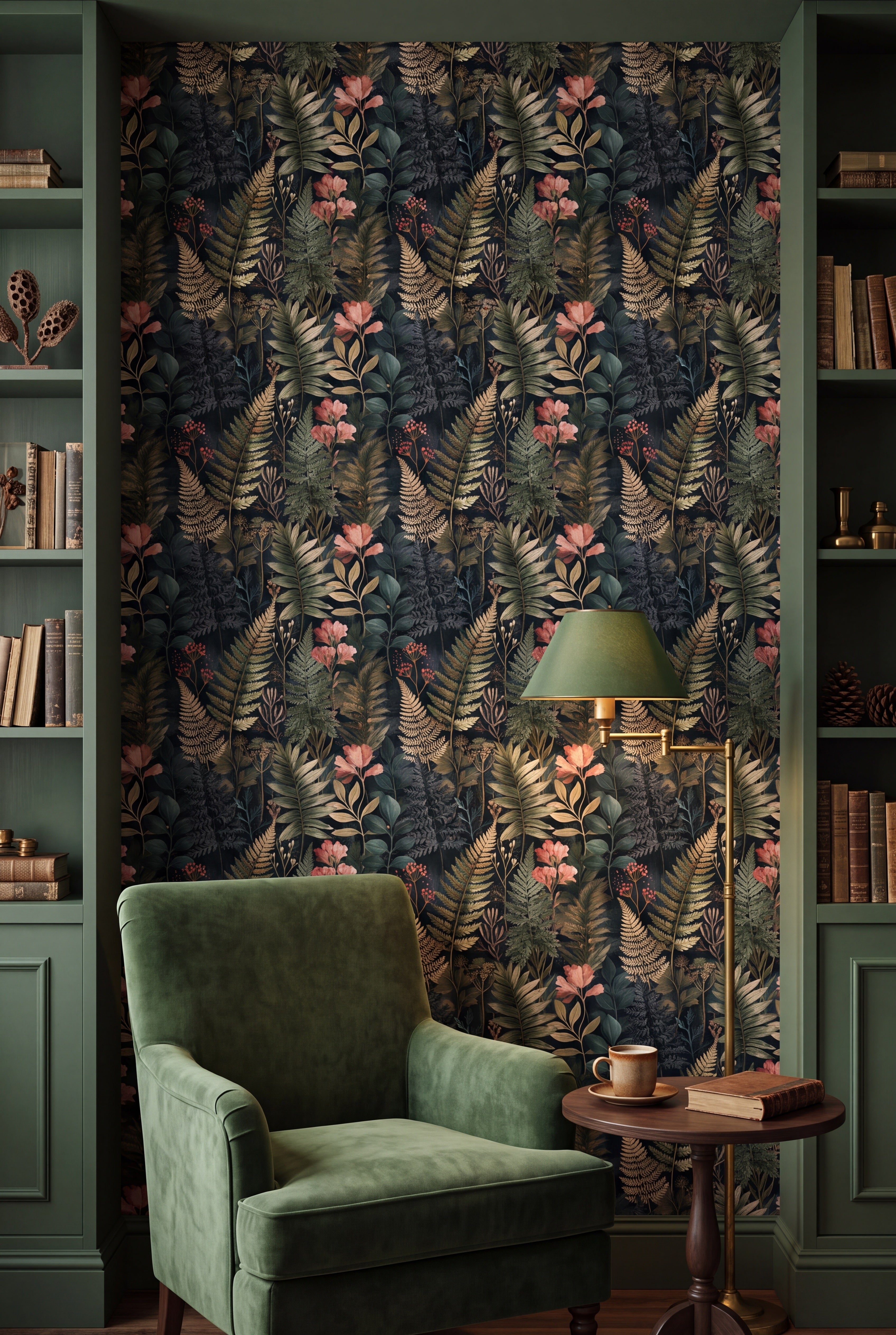 Fern Hollow wallpaper shown in a reading nook