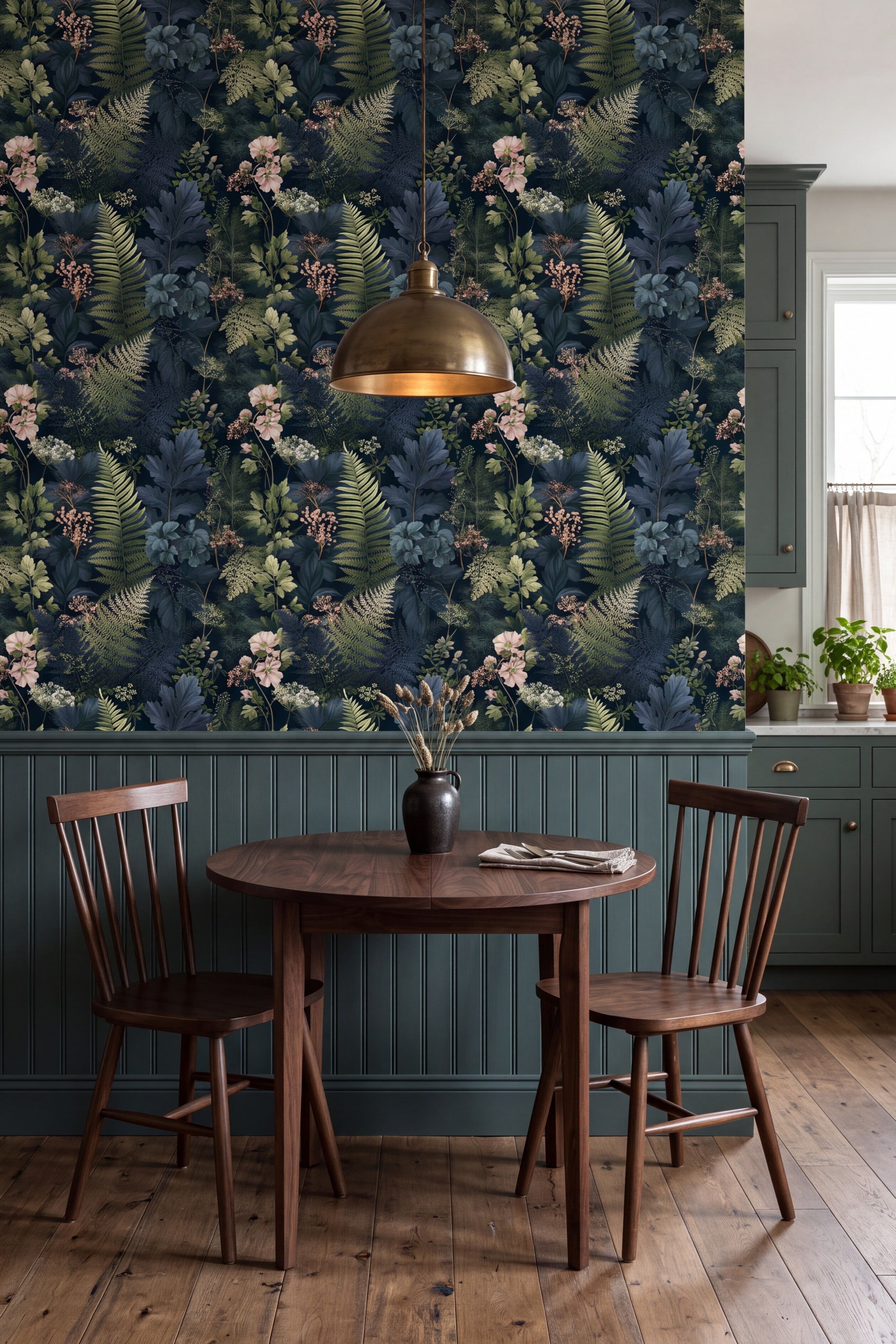 Evening Fernery wallpaper shown in a kitchen breakfast nook