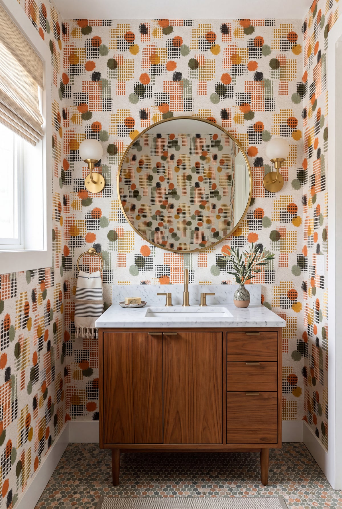Confetti Grid wallpaper shown in a kitchen breakfast nook