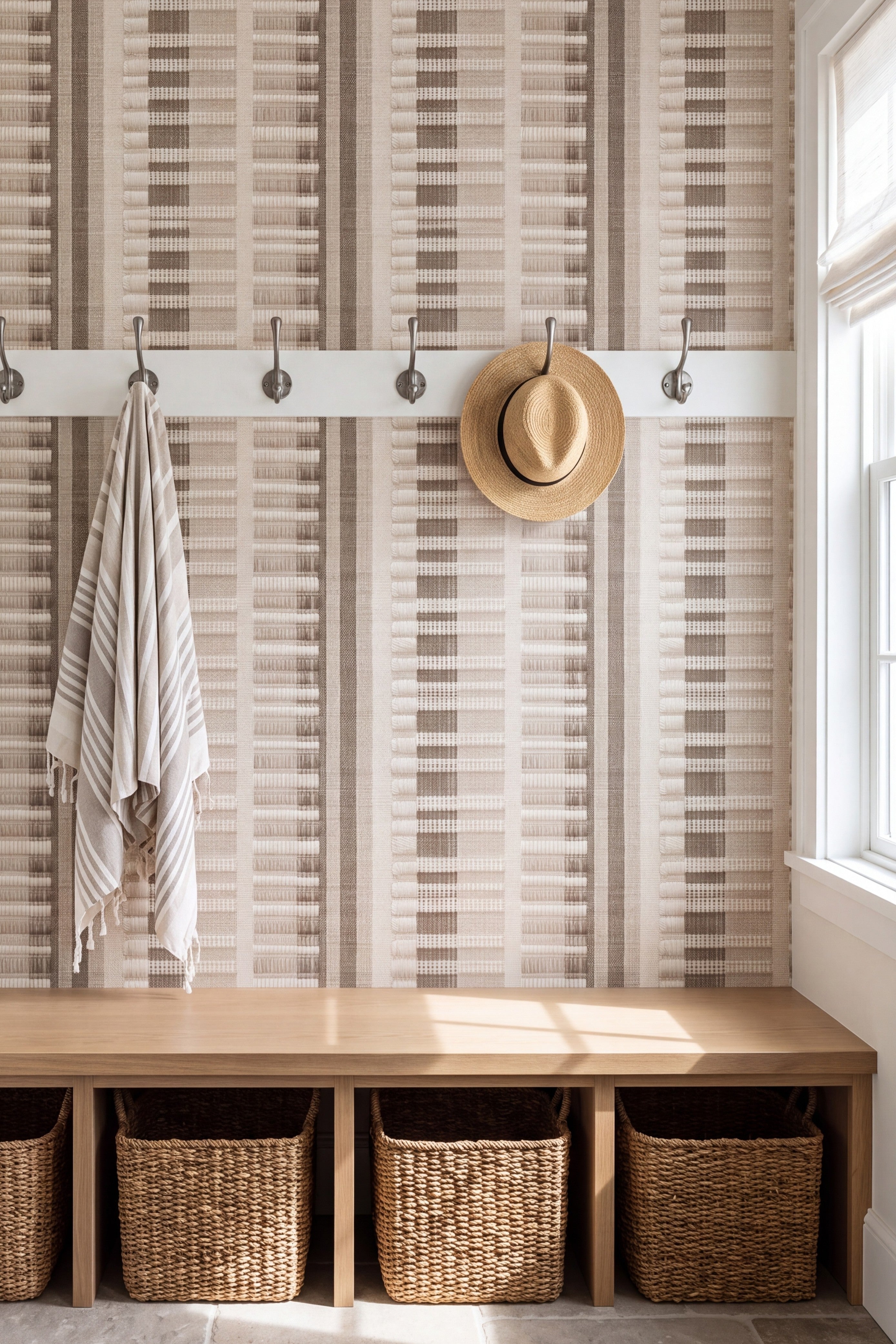 Linen Weave wallpaper shown in a mudroom