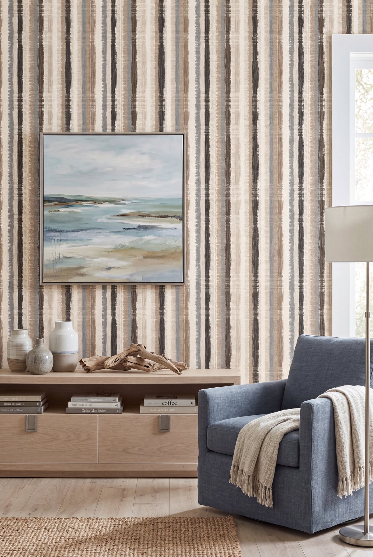 Homespun Stripe wallpaper shown in a living room
