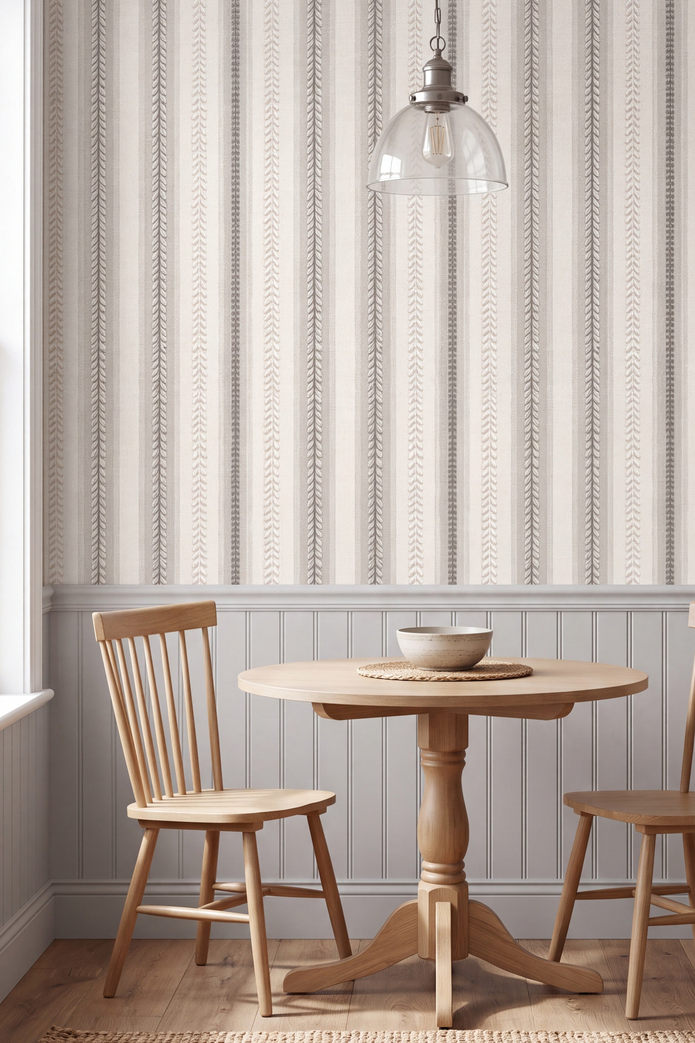 Wheatstitch wallpaper shown in a kitchen breakfast nook