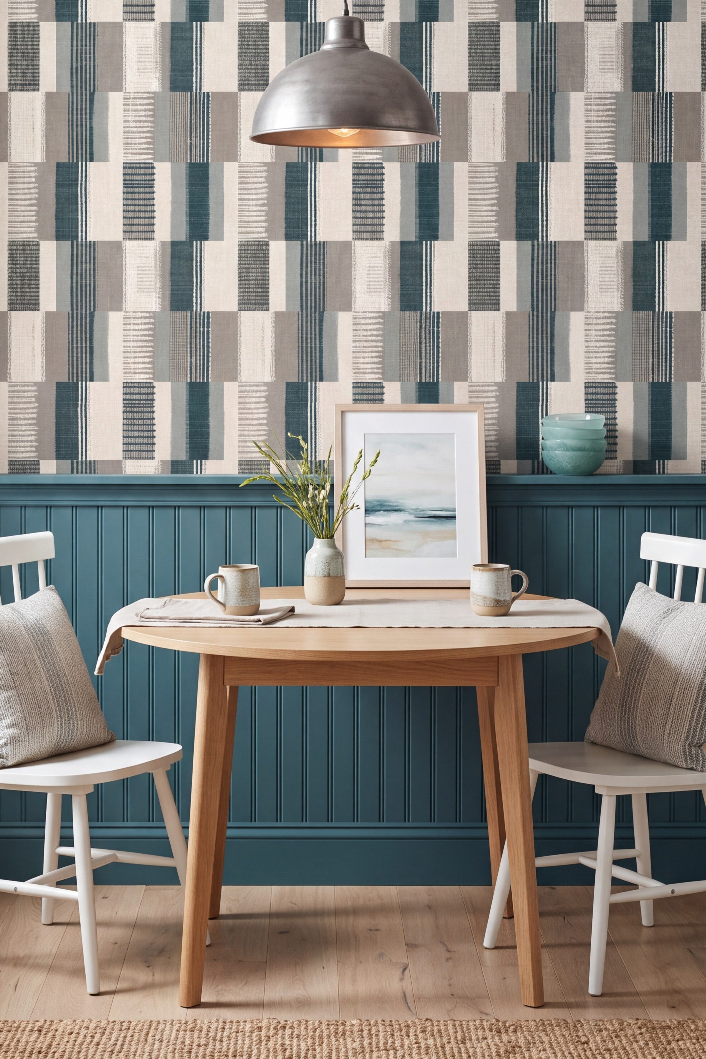 Patchwork Cove wallpaper shown in a kitchen breakfast nook