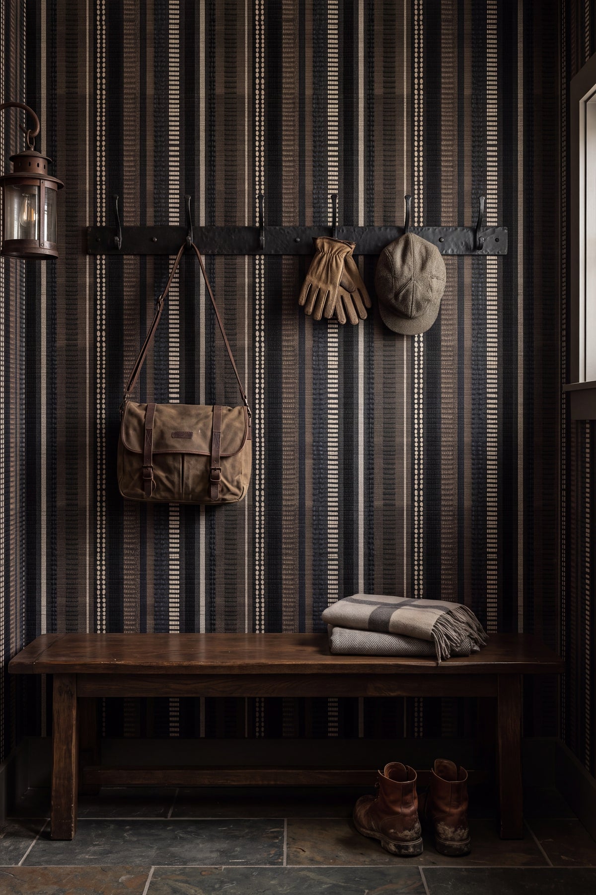 Midnight Homespun wallpaper shown in a mudroom