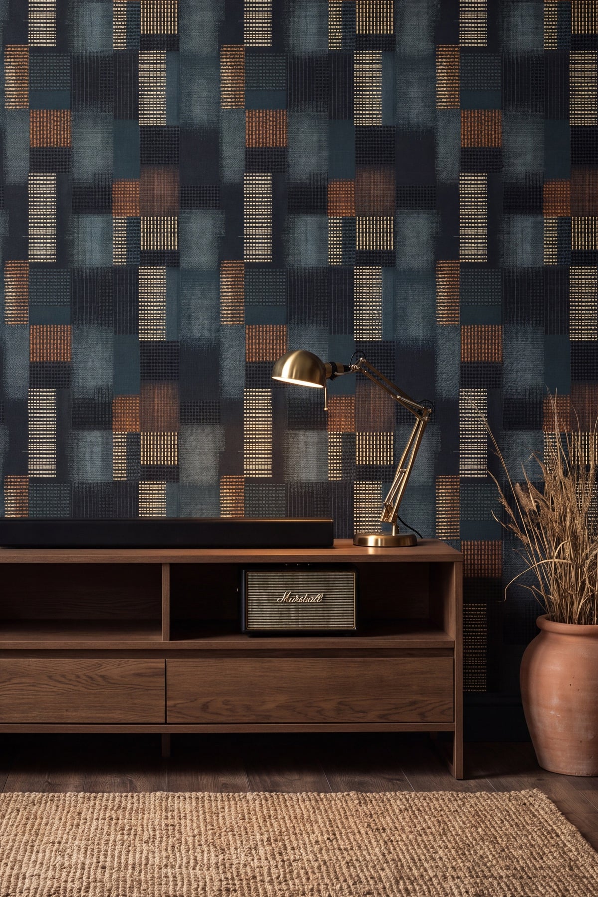Lantern Plaid wallpaper shown in a media room
