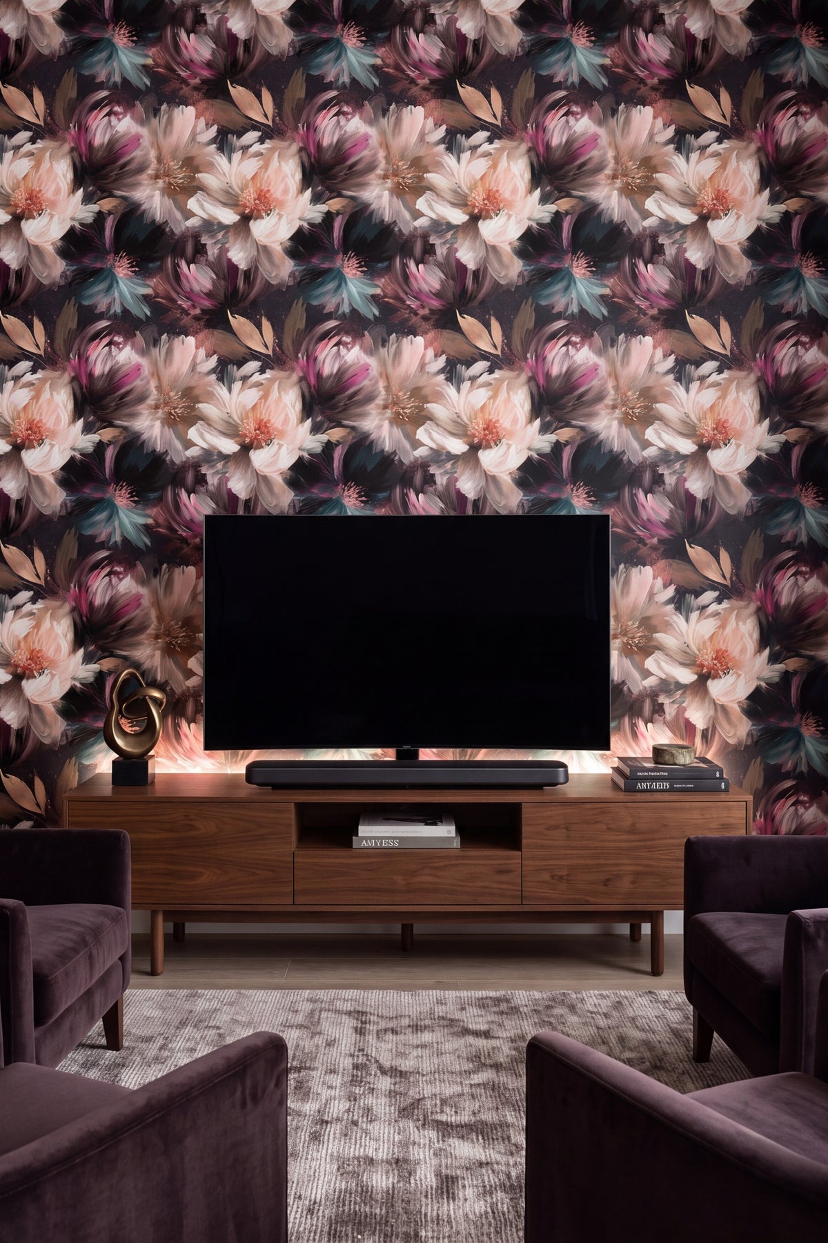 Plume Peony wallpaper shown in a media room