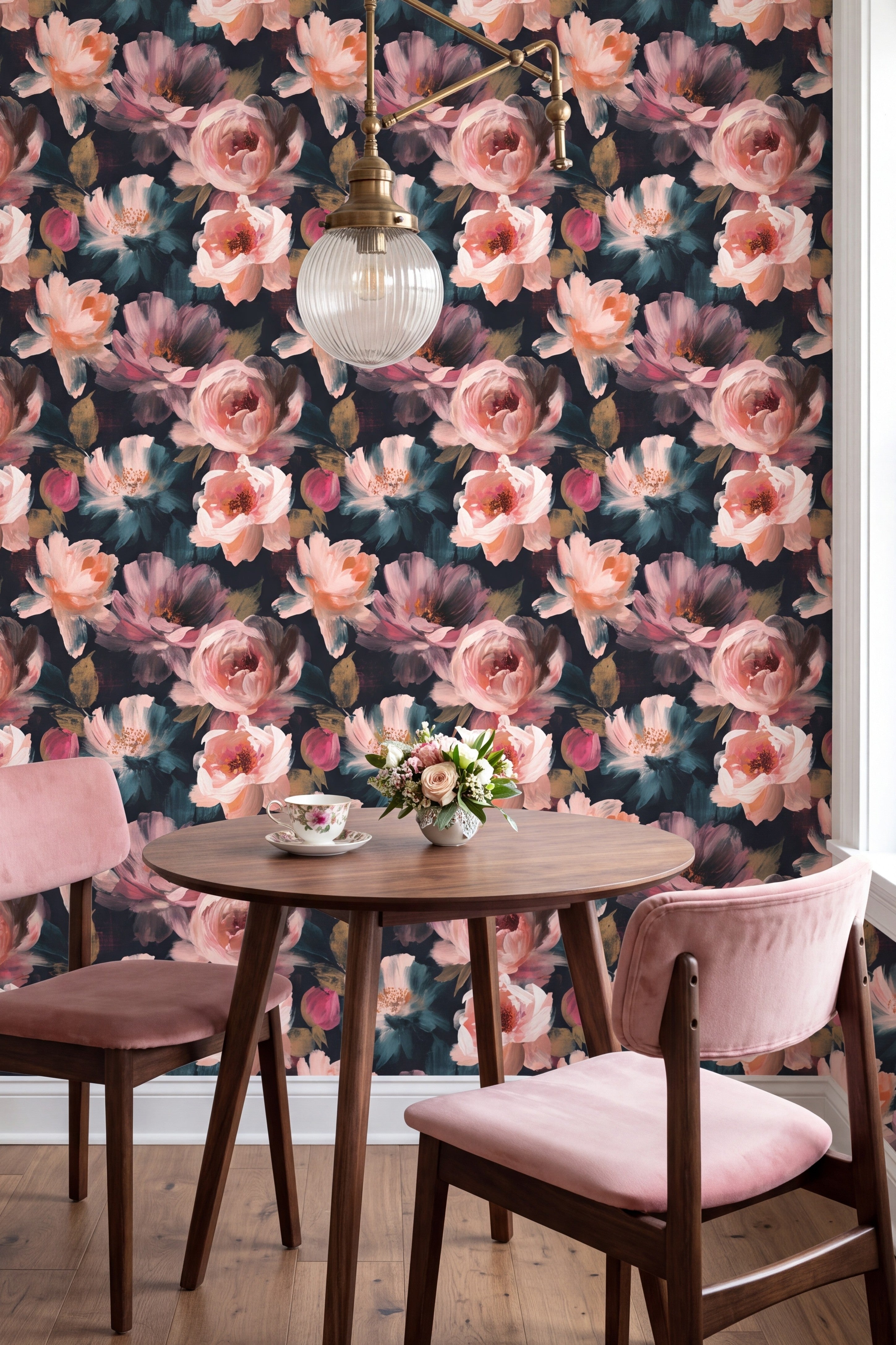 Rosewater Nocturne wallpaper shown in a kitchen breakfast nook