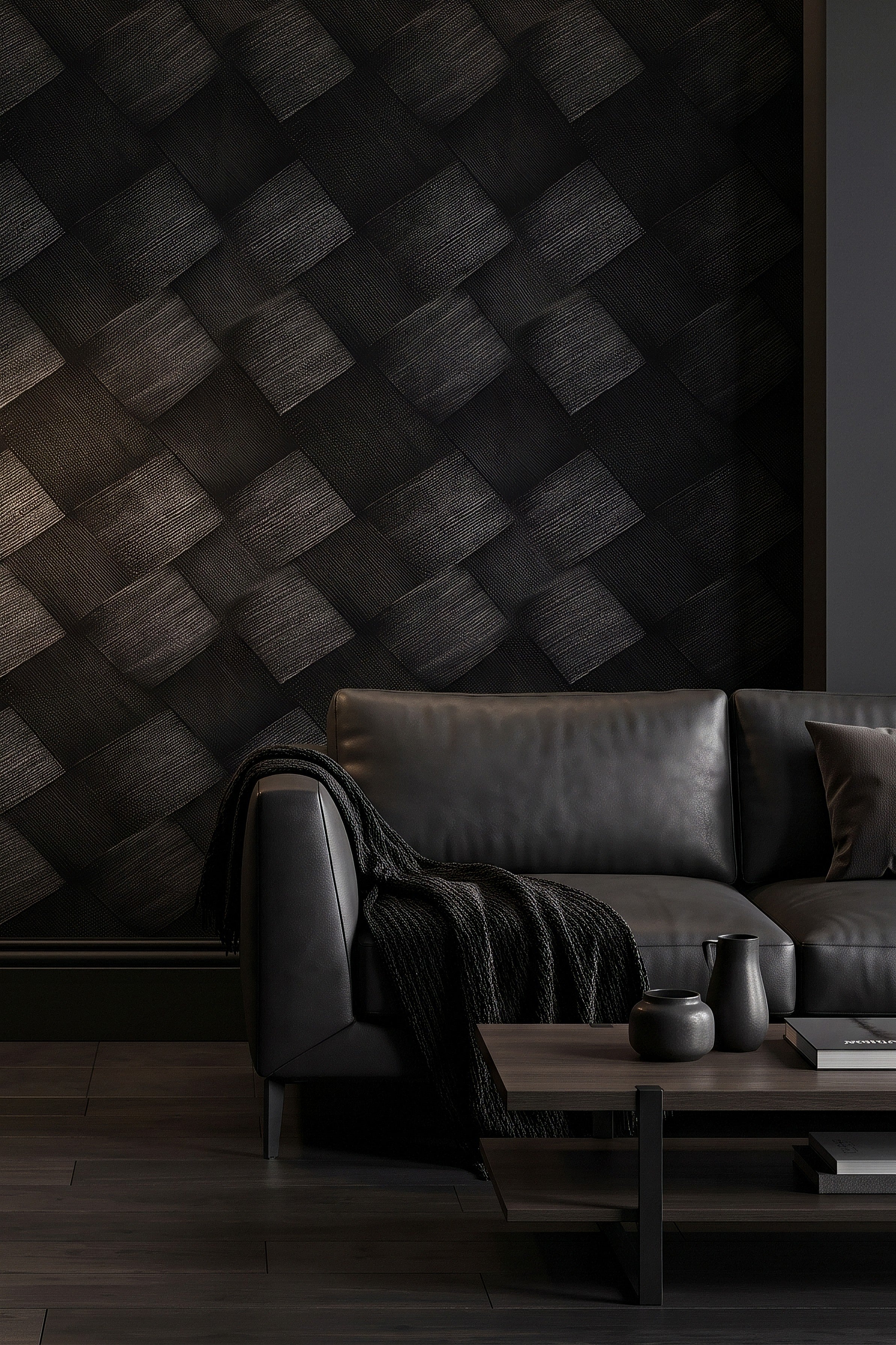 Onyx Weave wallpaper shown in a living room