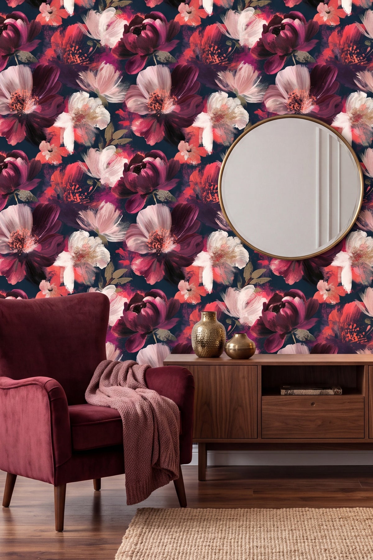 Garnet Bloom wallpaper shown in a living room