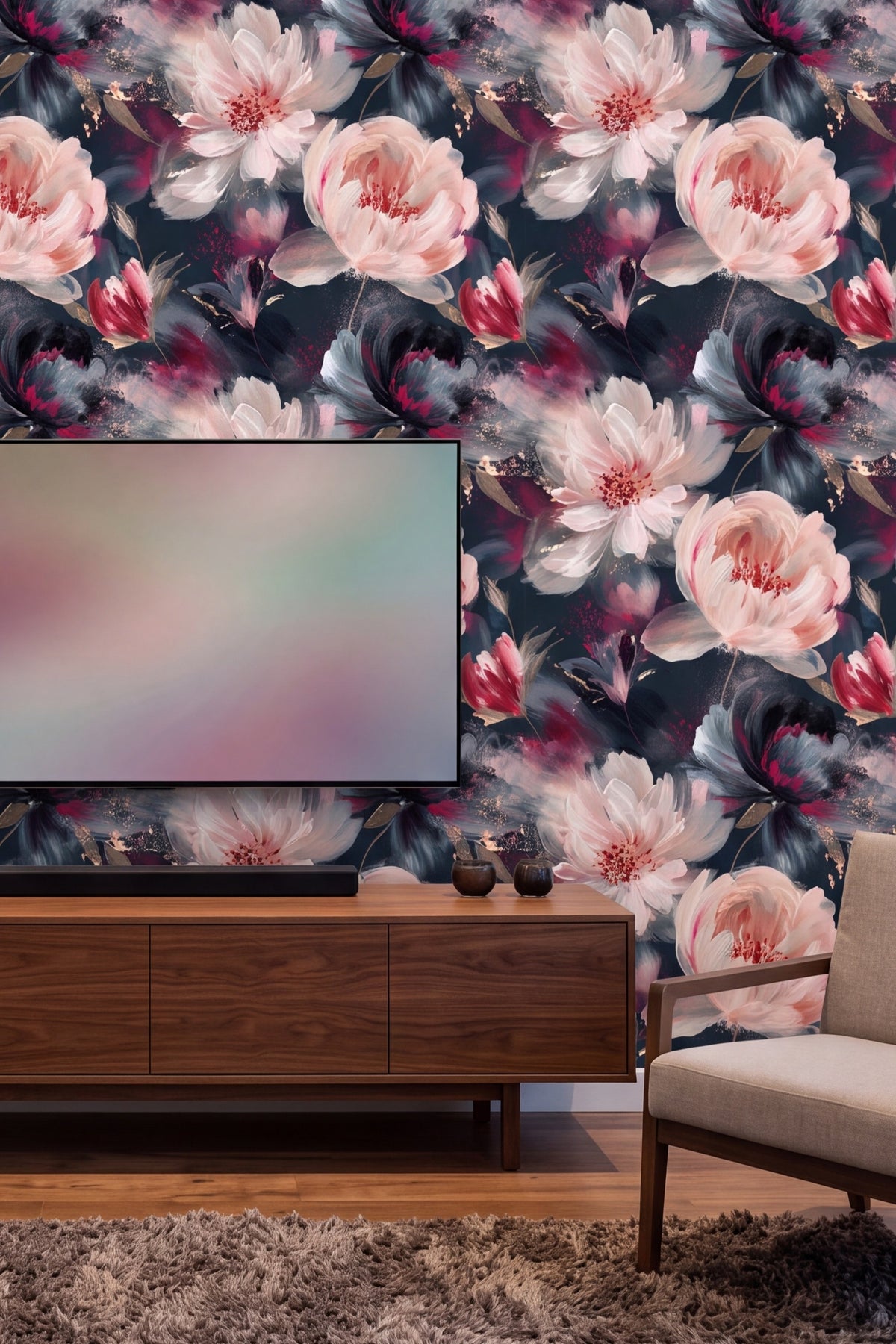 Moonlit Peony wallpaper shown in a media room