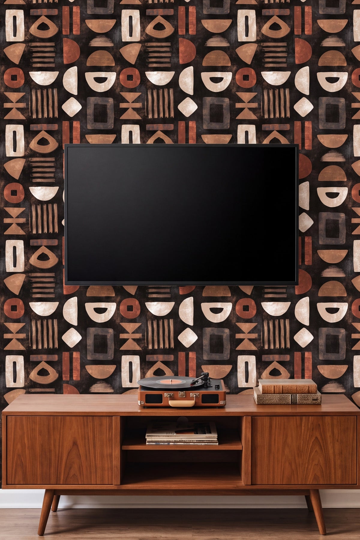 Ember Glyph wallpaper shown in a media room