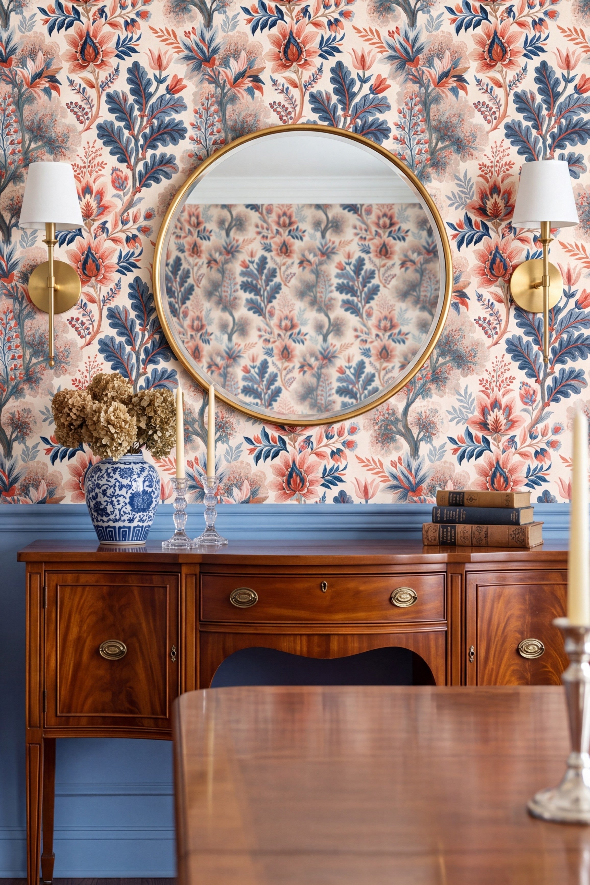 Bluecoat Garden wallpaper shown in a dining room