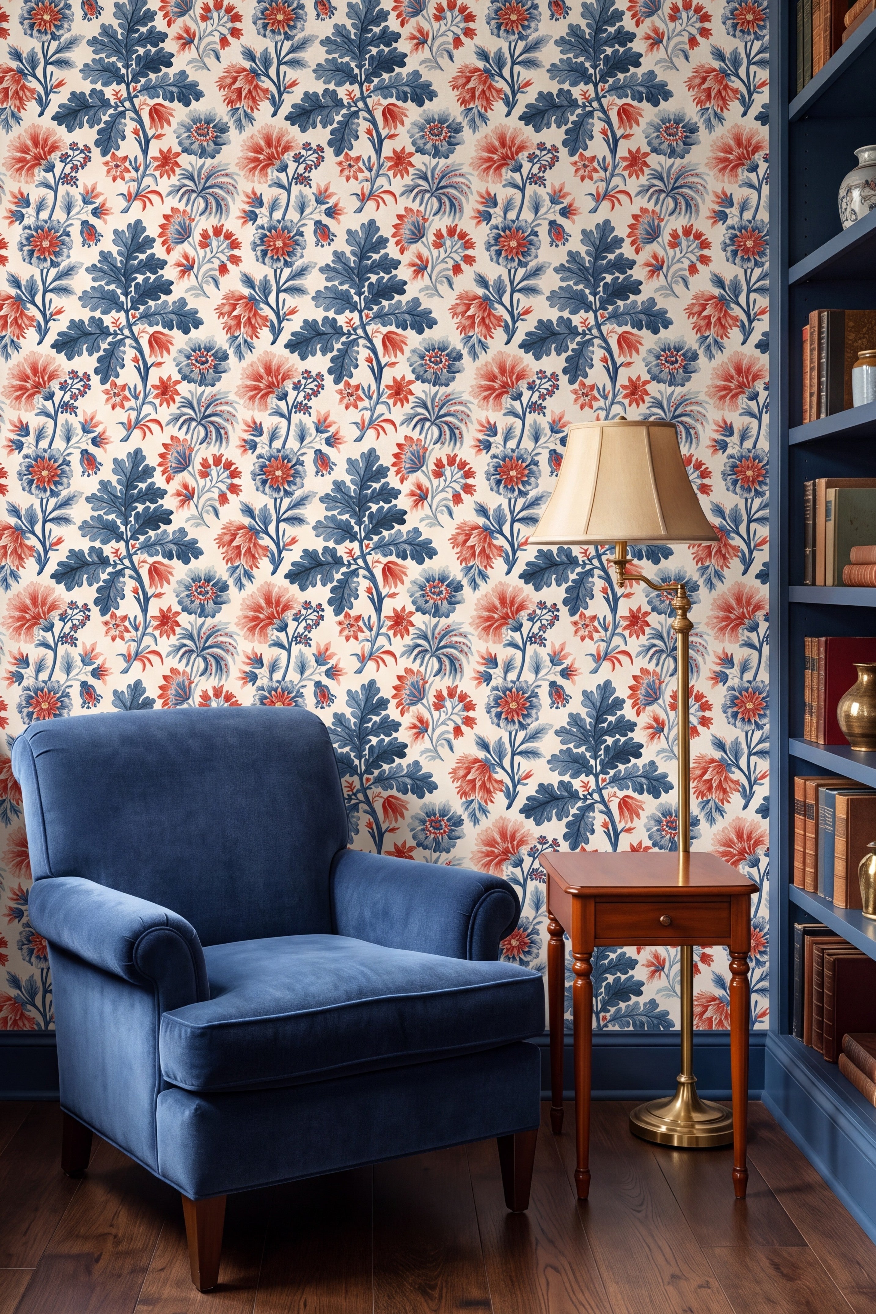 Oakleaf Chintz wallpaper shown in a reading nook