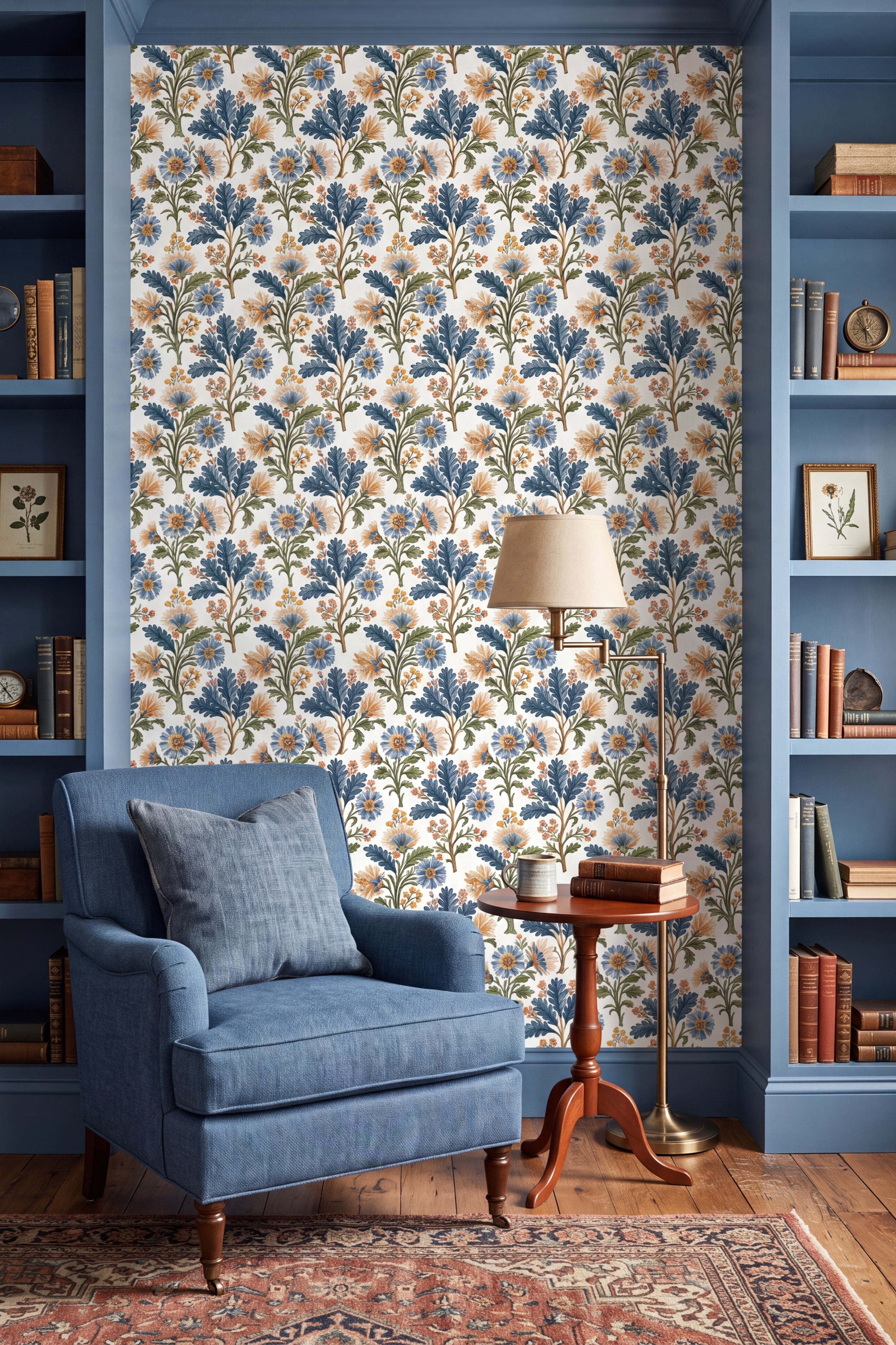 Cornflower Chintz wallpaper shown in a reading nook