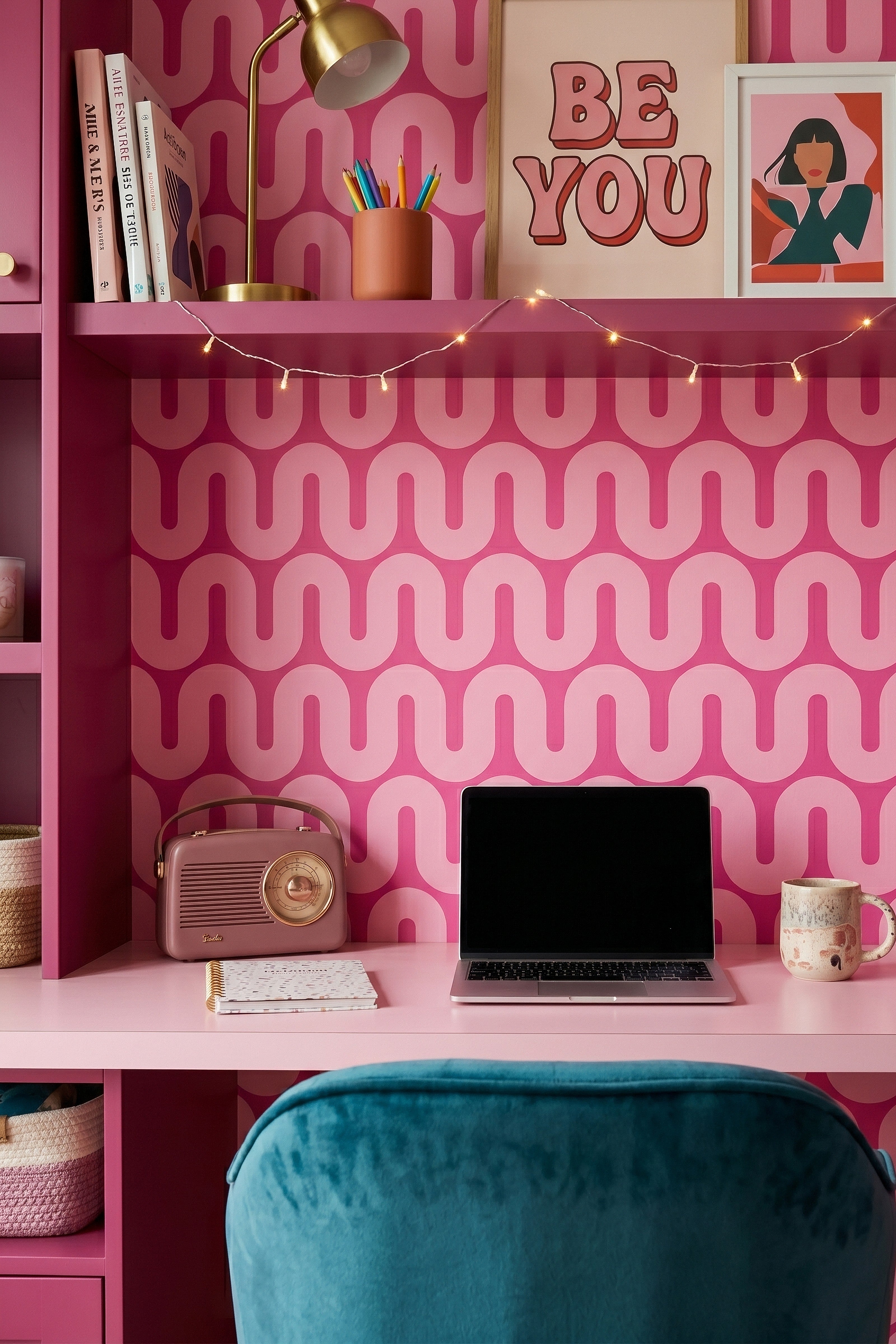 Bubblegum Pop wallpaper shown in a home office