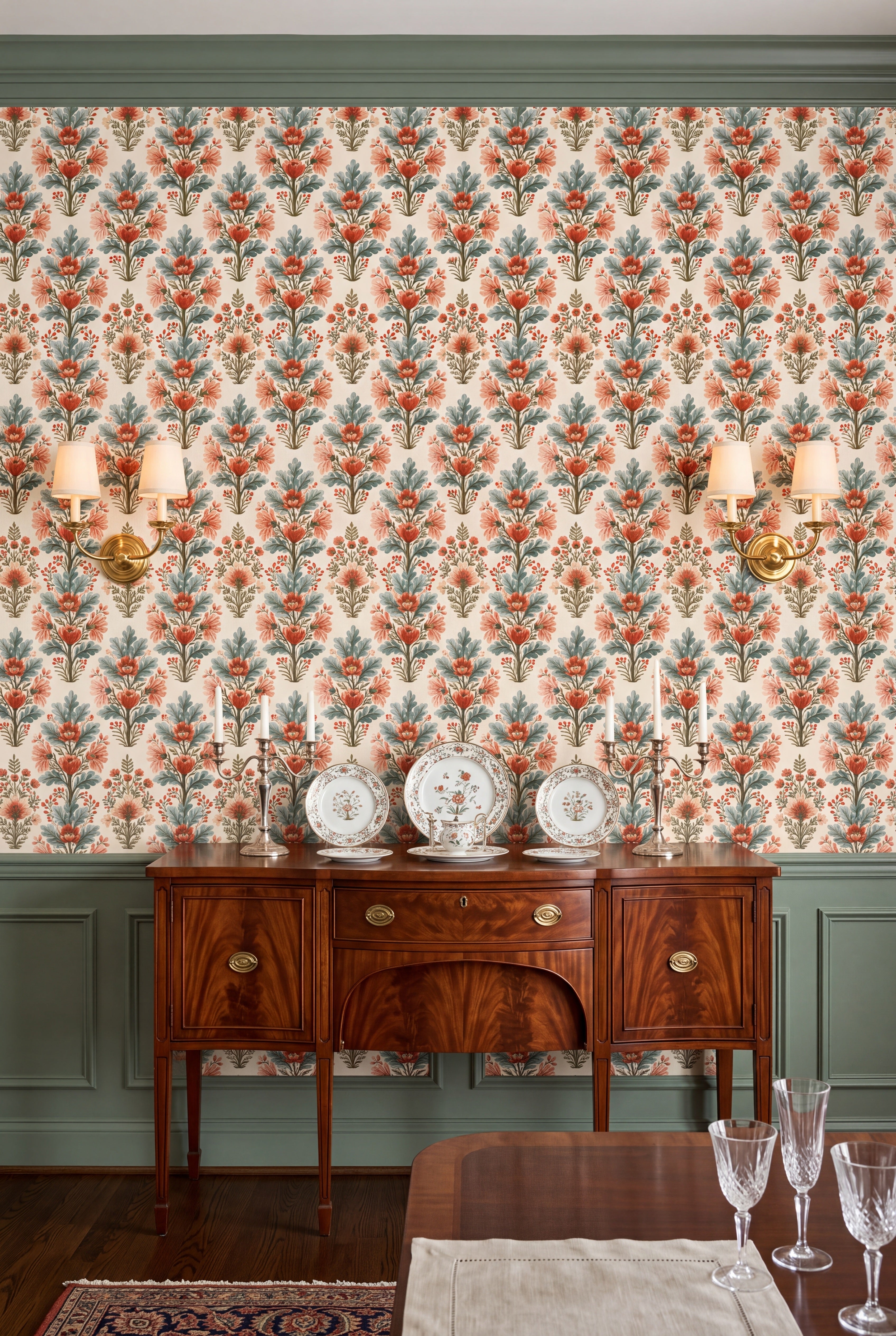 Coral Sprig wallpaper shown in a dining room
