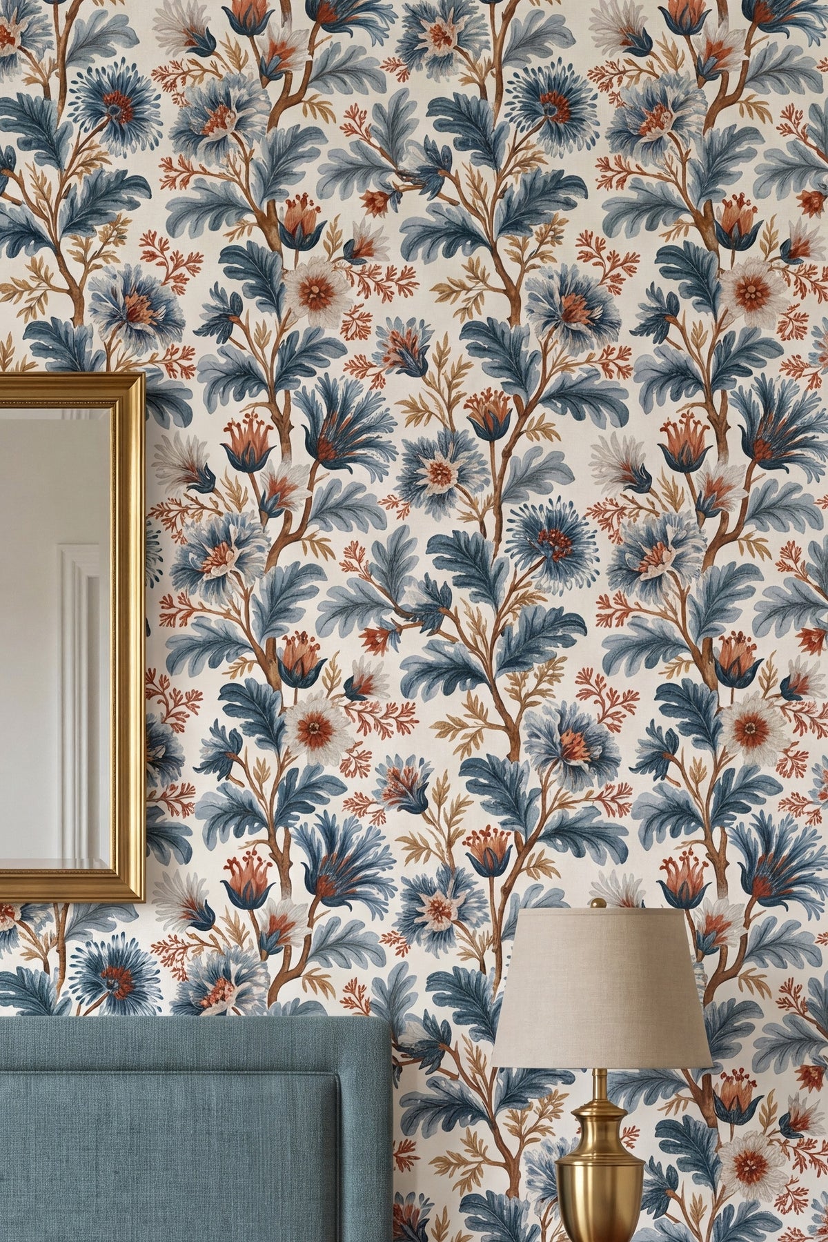 Delft Branch wallpaper shown in a bedroom