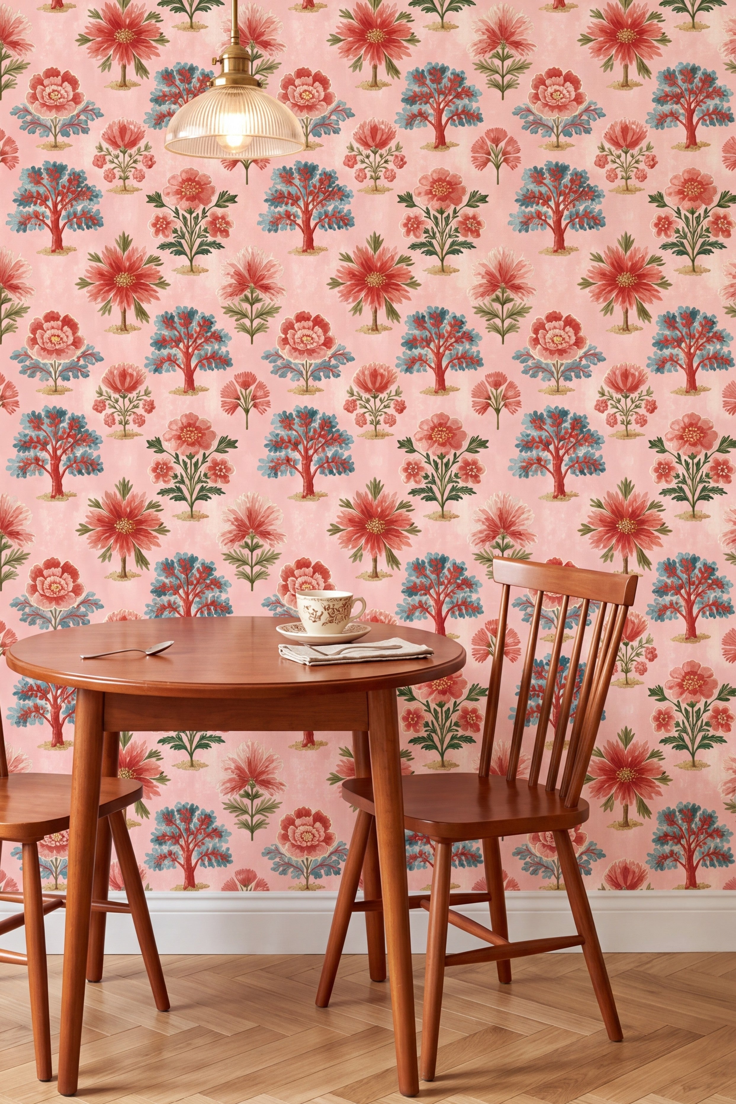 Rosy Orchard wallpaper shown in a kitchen breakfast nook