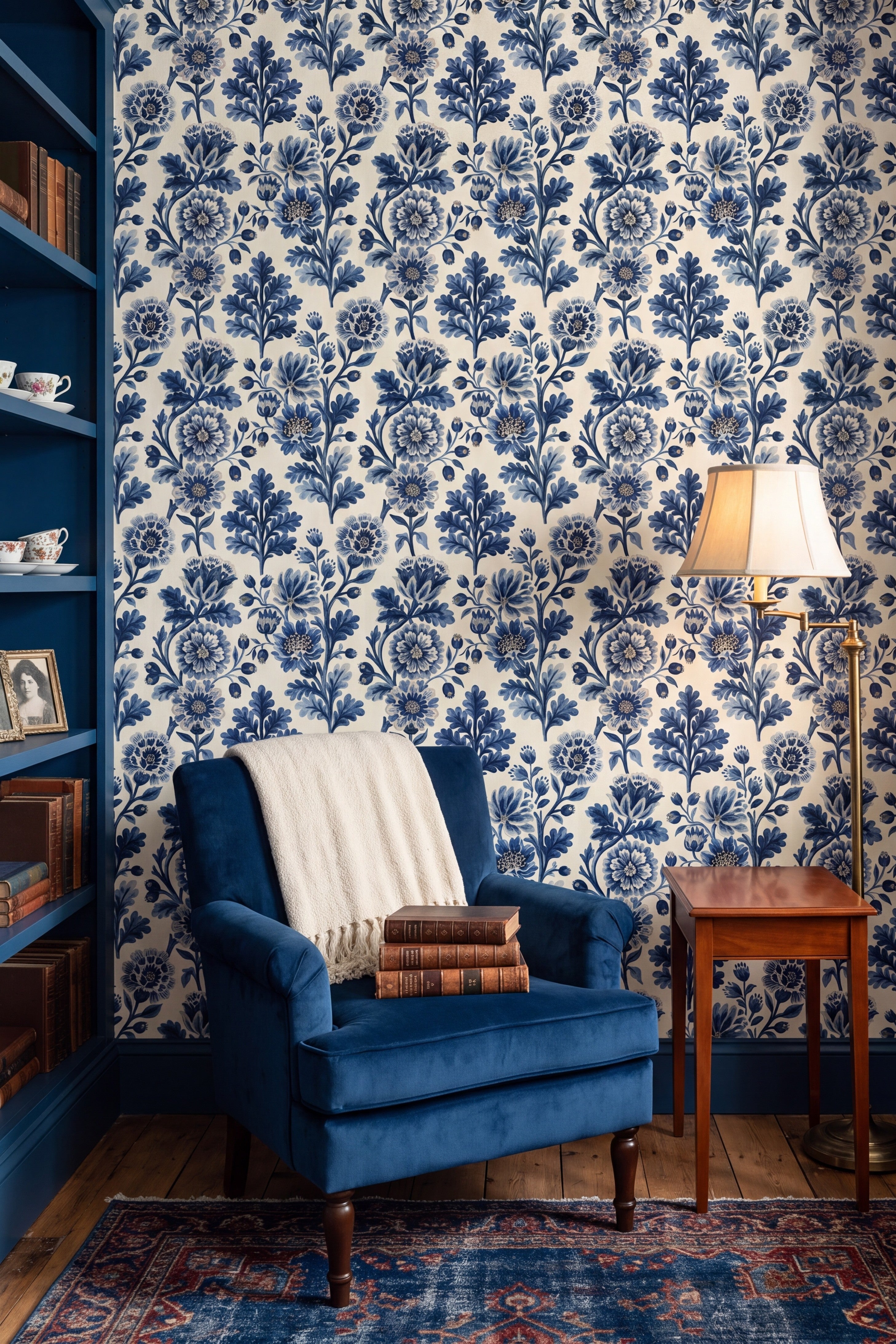 Porcelain Blue wallpaper shown in a reading nook