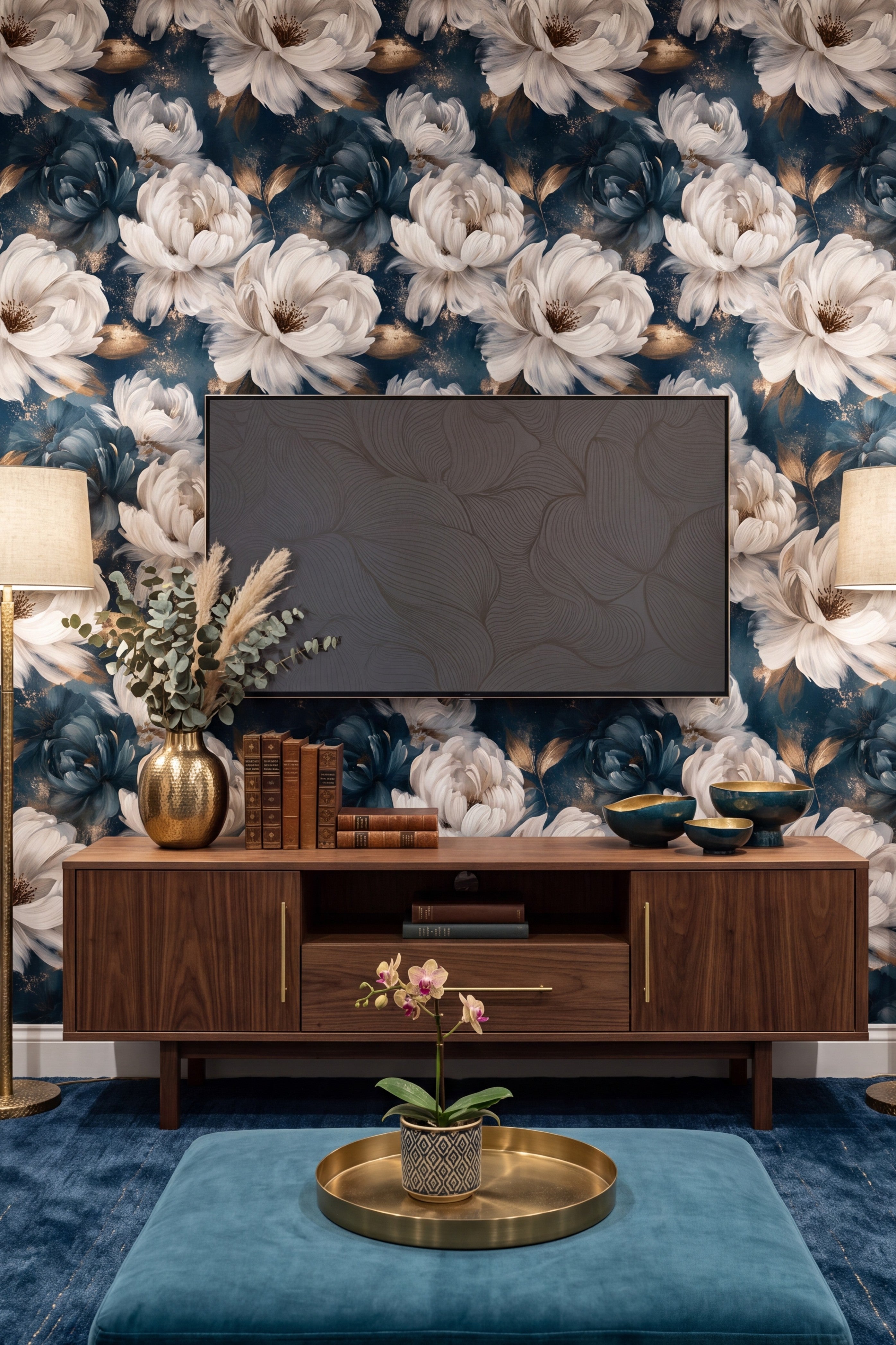 Pearl Nocturne wallpaper shown in a media room