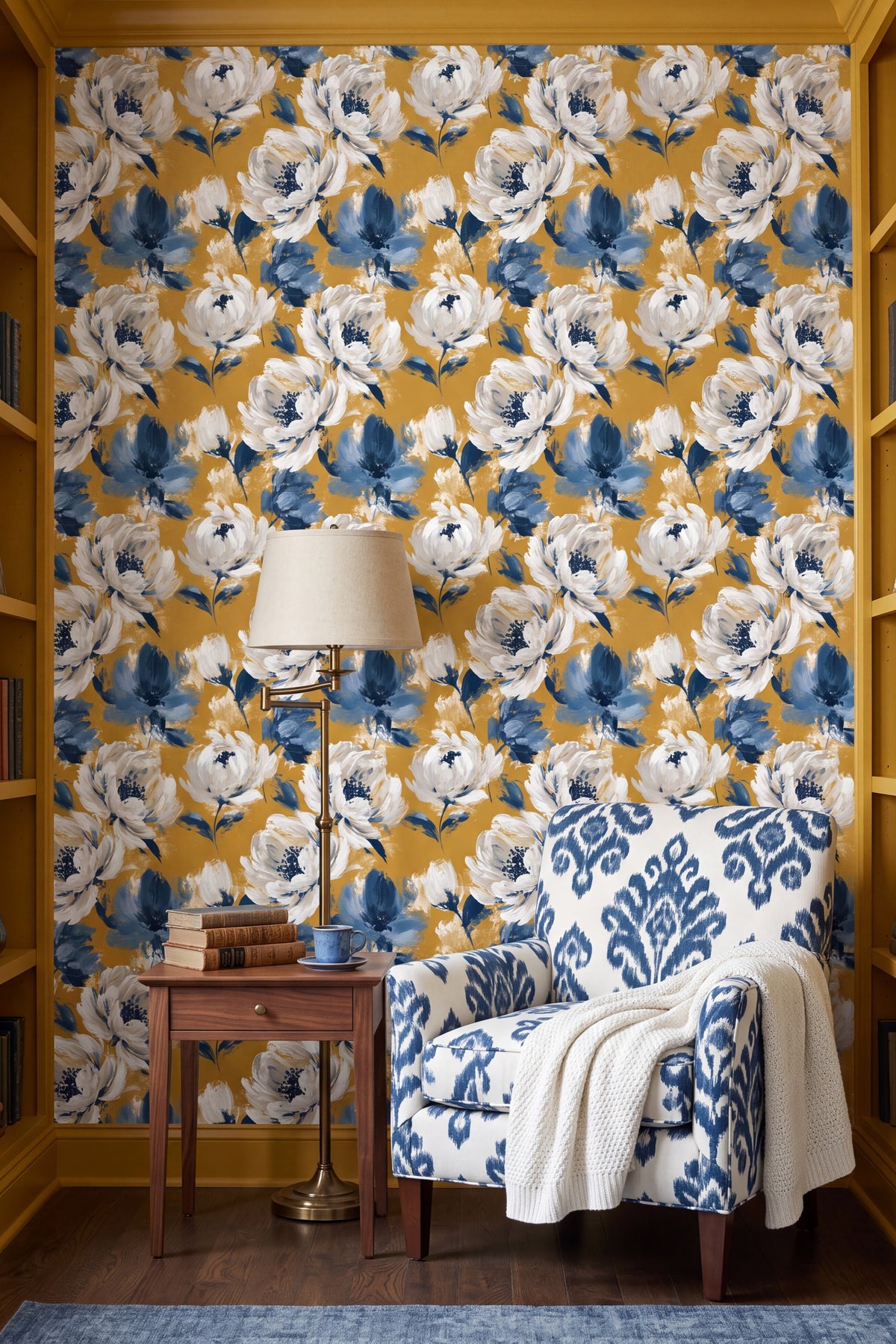 Goldenrod Bloom wallpaper shown in a reading nook