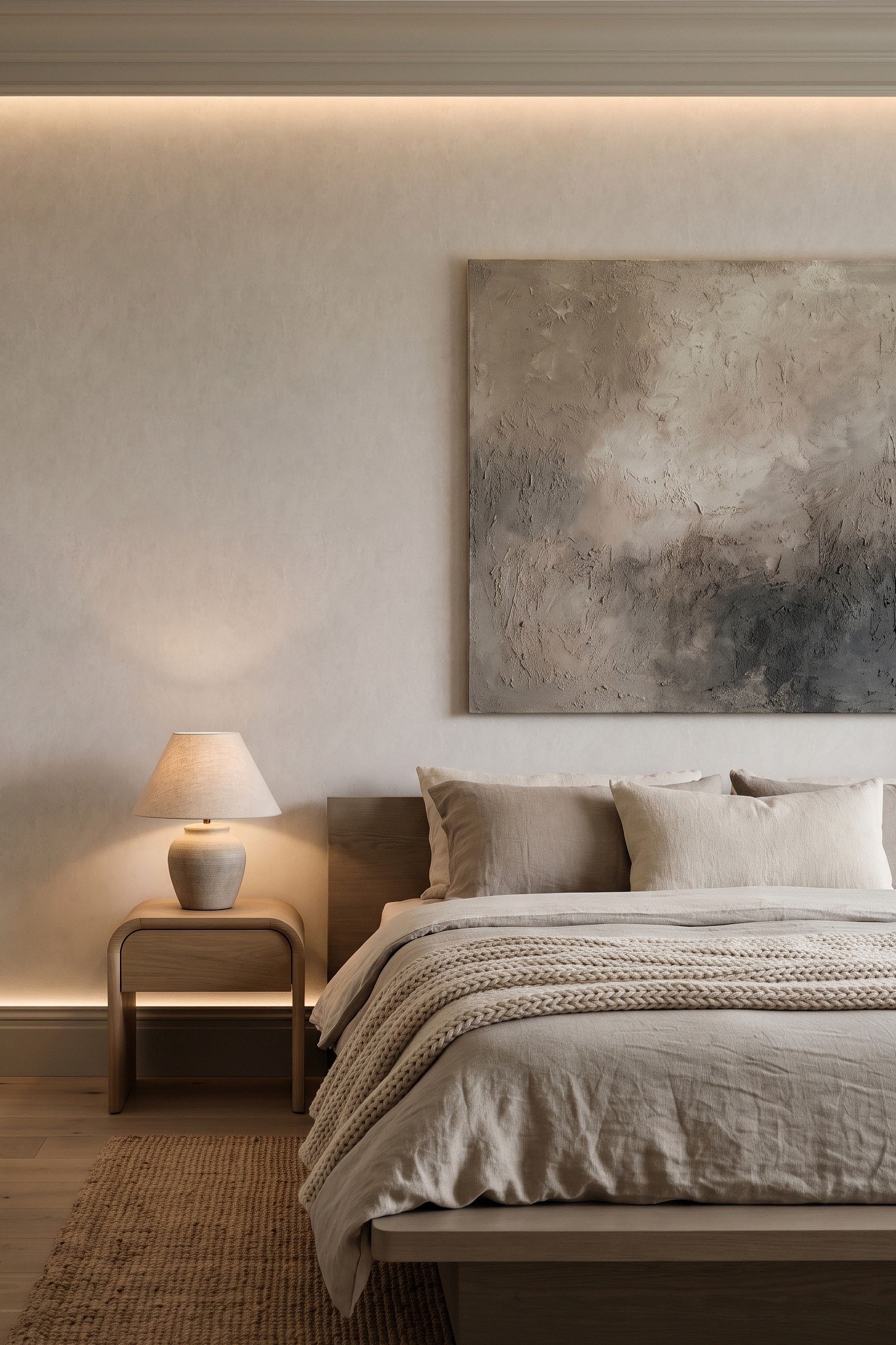 Oyster Shell wallpaper shown in a bedroom