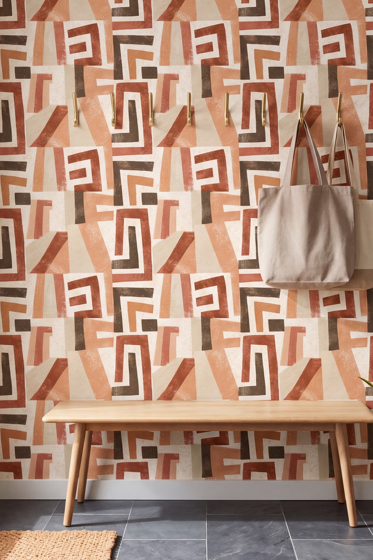 Canyon Cut wallpaper shown in a mudroom
