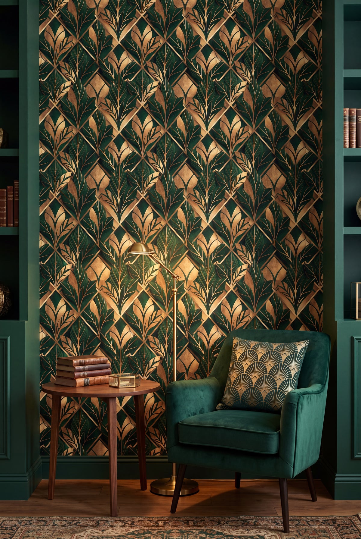 Malachite Marquee wallpaper shown in a reading nook